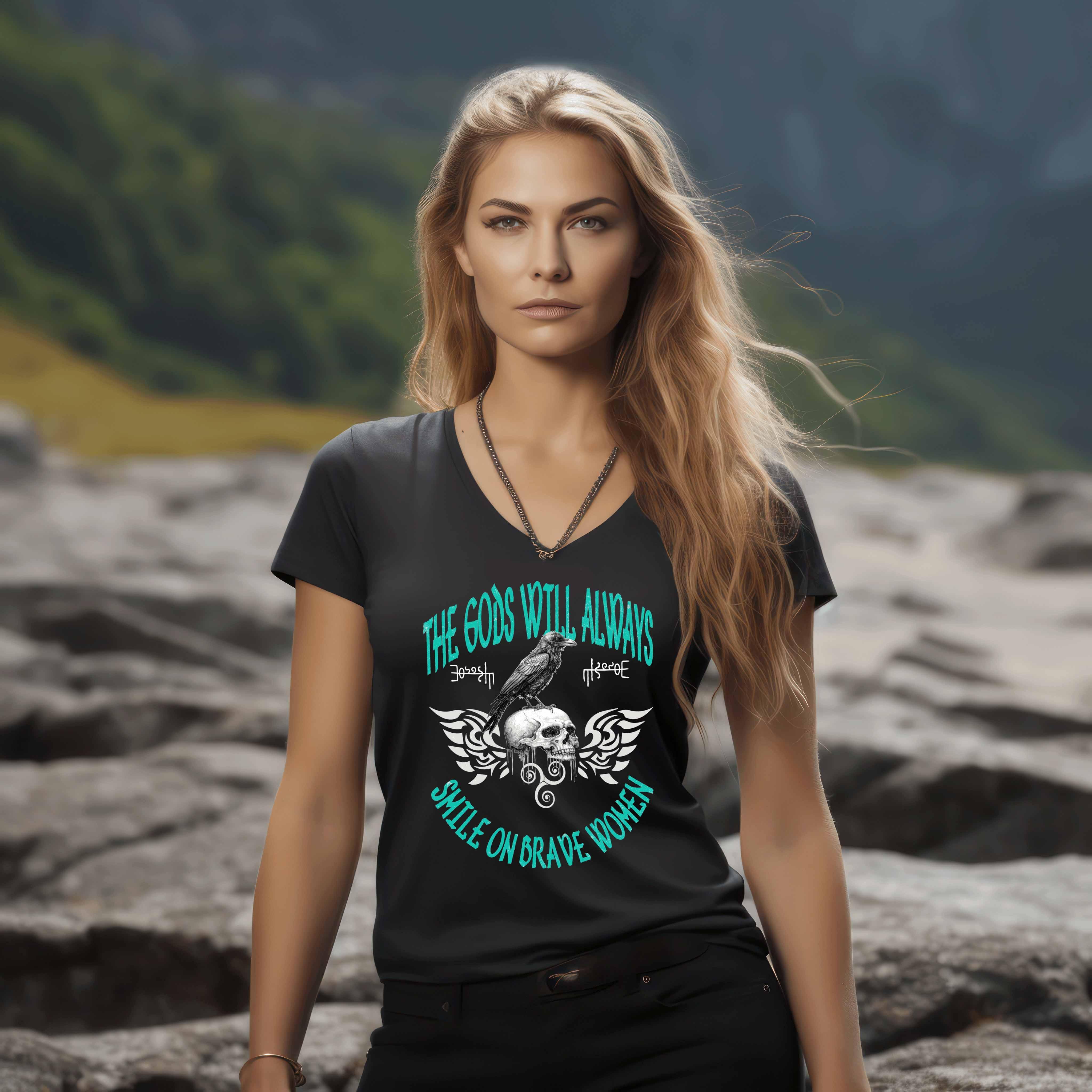 Mutige Schildmaiden V-Neck: Götter-Lächeln-Design mit Raben & Totenkopf - Nordic Viking Wear