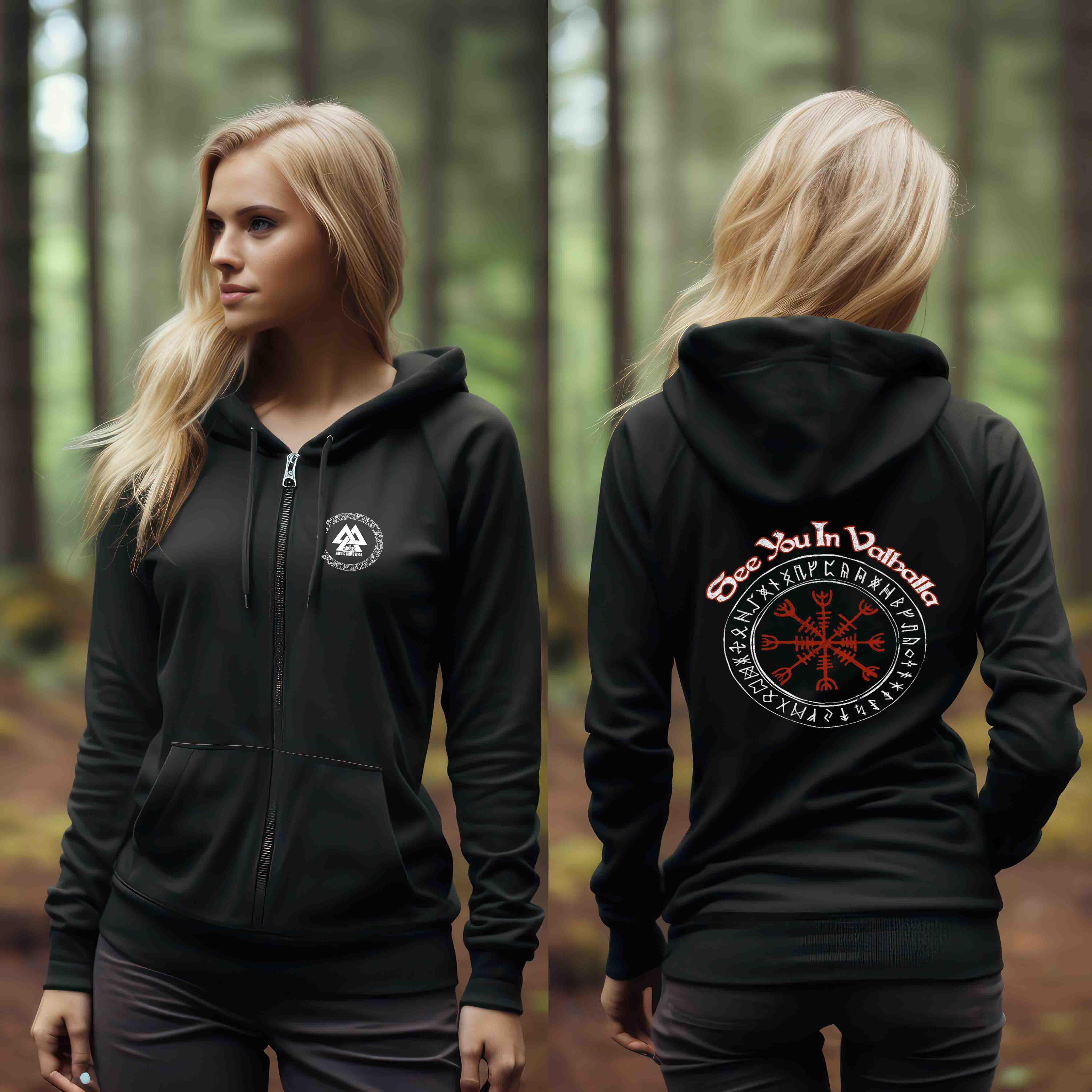 Wikinger Zip-Hoodie - "See You In Valhalla" Design mit Helm Of Awe (Ægishjálmr)
