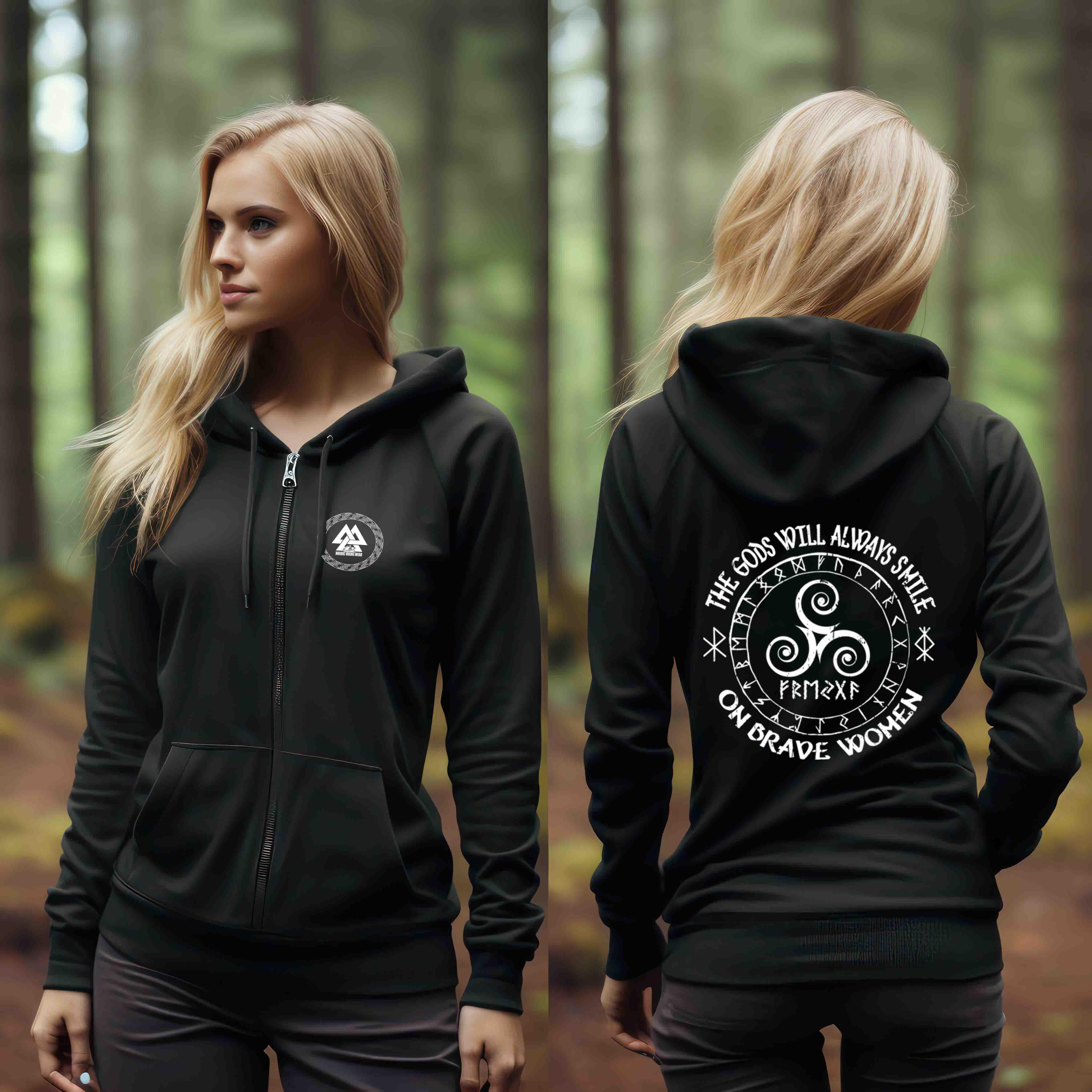 Segen der Götter: Inspirierendes Schildmaiden Organic Zipp Hoodie 'The Gods Will Always Smile on Brave Women' - Nordic Viking Wear