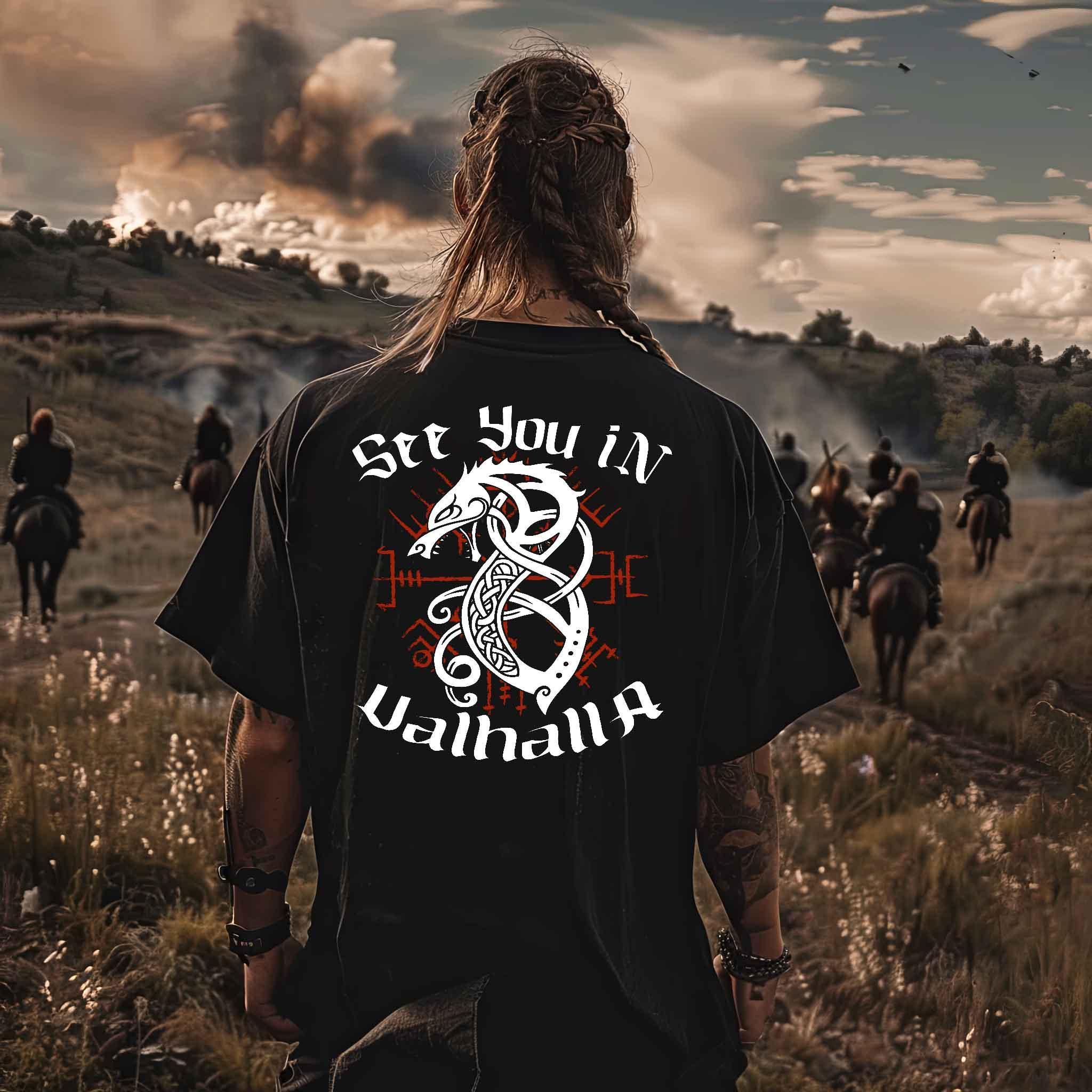 Wikinger Wolf Backprint Heavy Oversized Shirt "See You in Valhalla" - Nordic Viking Wear