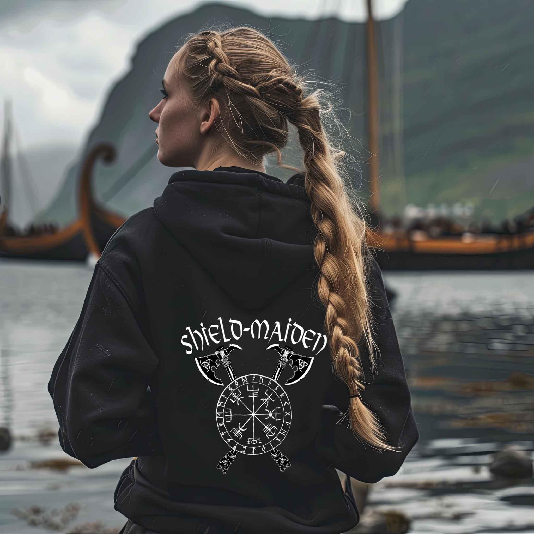 Shield-Maiden Warrior Oversized Hoodie – Mutiger Schildmaiden Backprint Pullover - Nordic Viking Wear