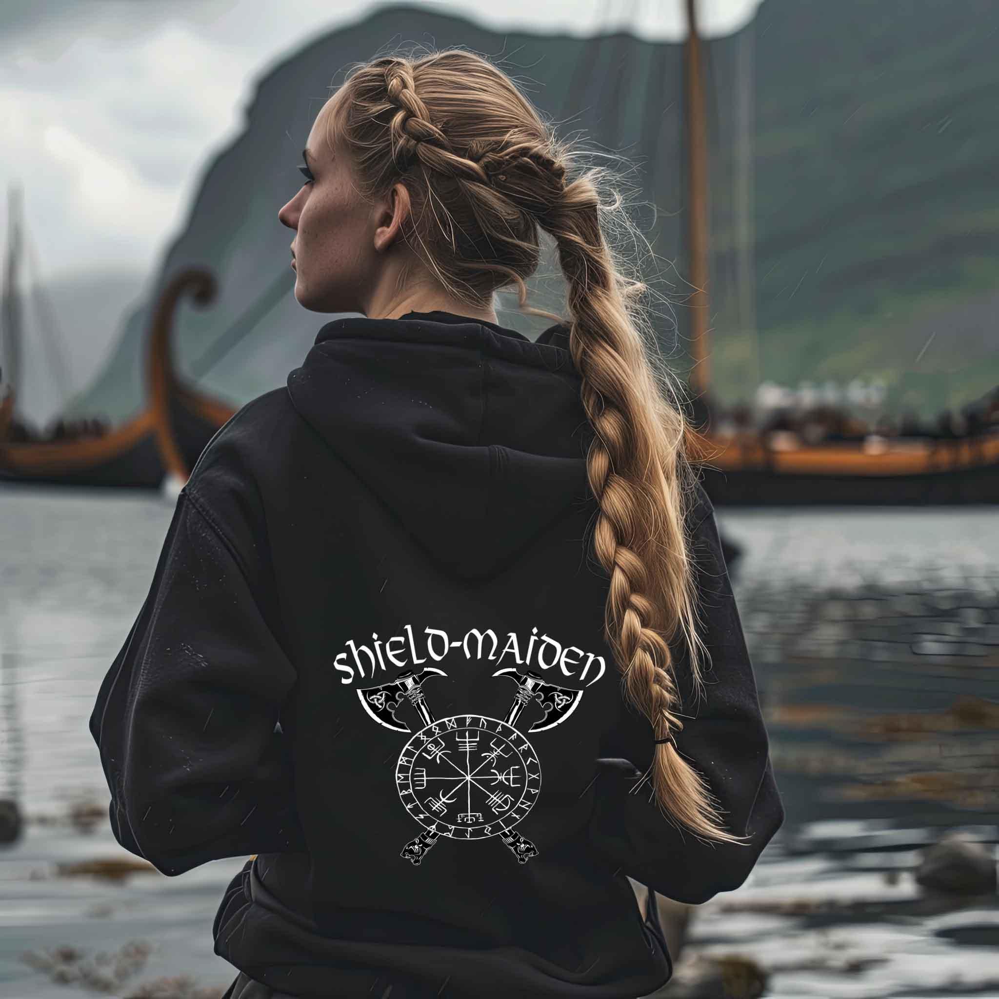 Schildmaiden Heavy Vintage Hoodie Valknut & Gekreuzten Äxten - Nordic Viking Wear