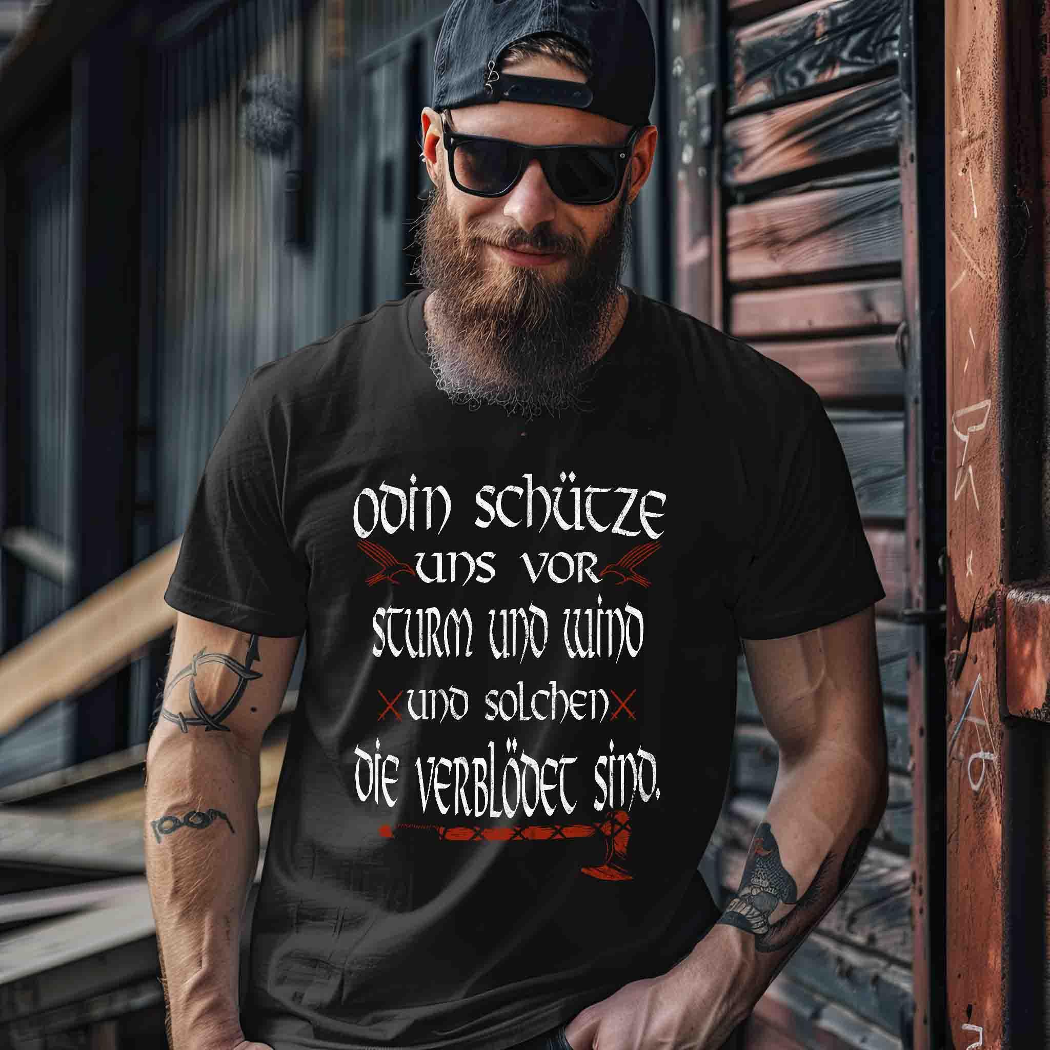 Wikinger Shirt mit Odin-Spruch – "Odin schütze uns vor Sturm und Wind" - Nordic Viking Wear