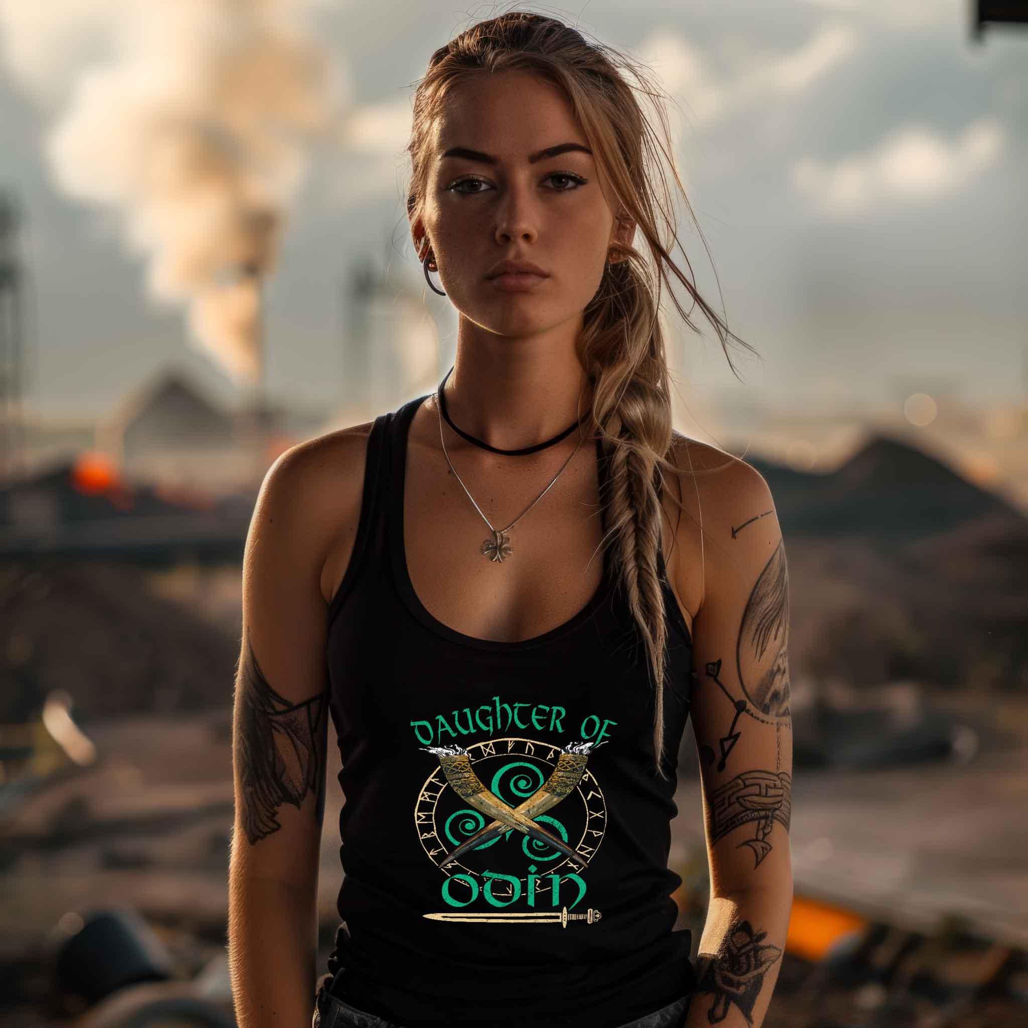 Schildmaiden Tanktop - "Daughter of Odin" mit Runenkreis und Trinkhörnern - Nordic Viking Wear