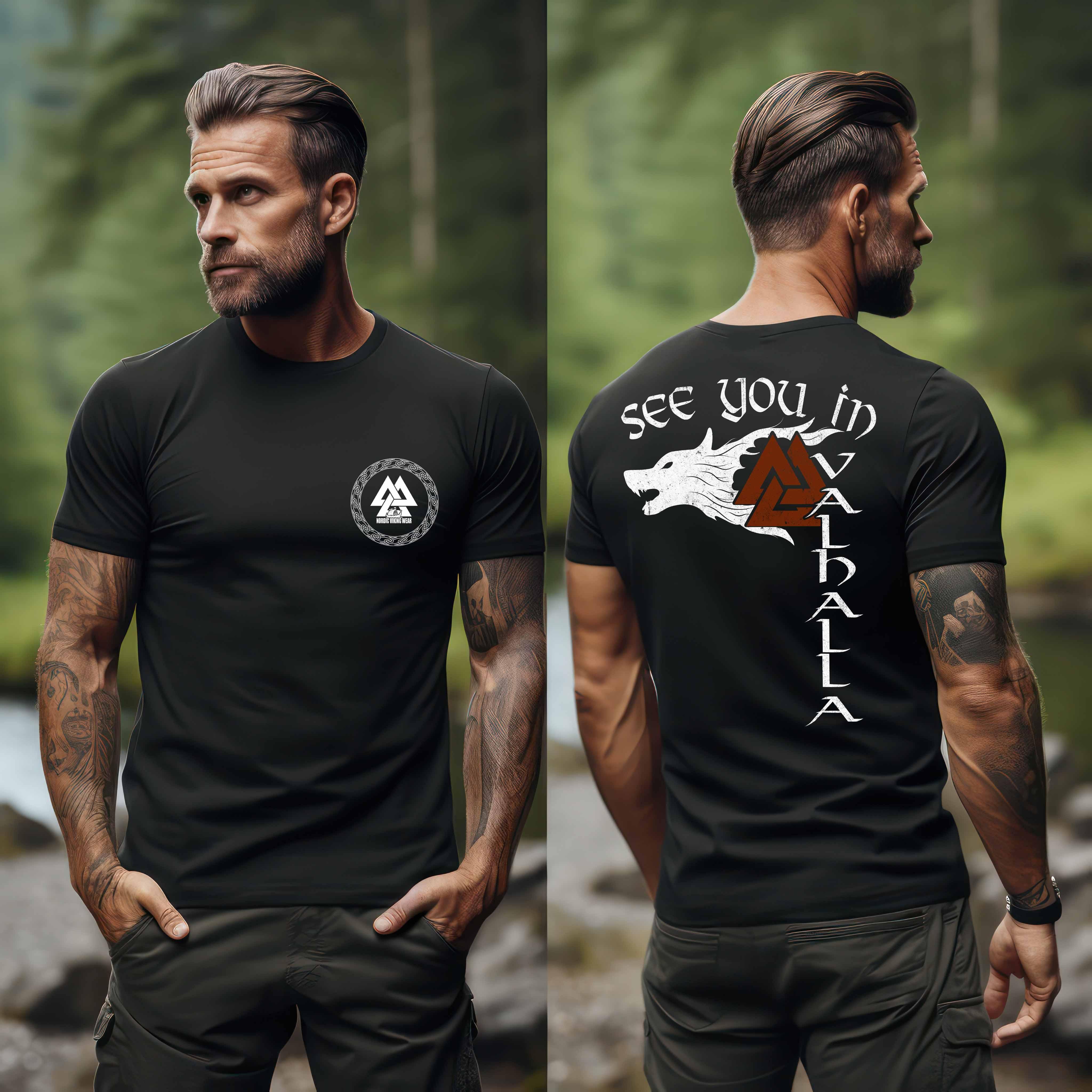 Fenris & Valknut: Das Erbe der Wikinger - Rückendruck Premiumshirt mit mythischer Kraft - Nordic Viking Wear