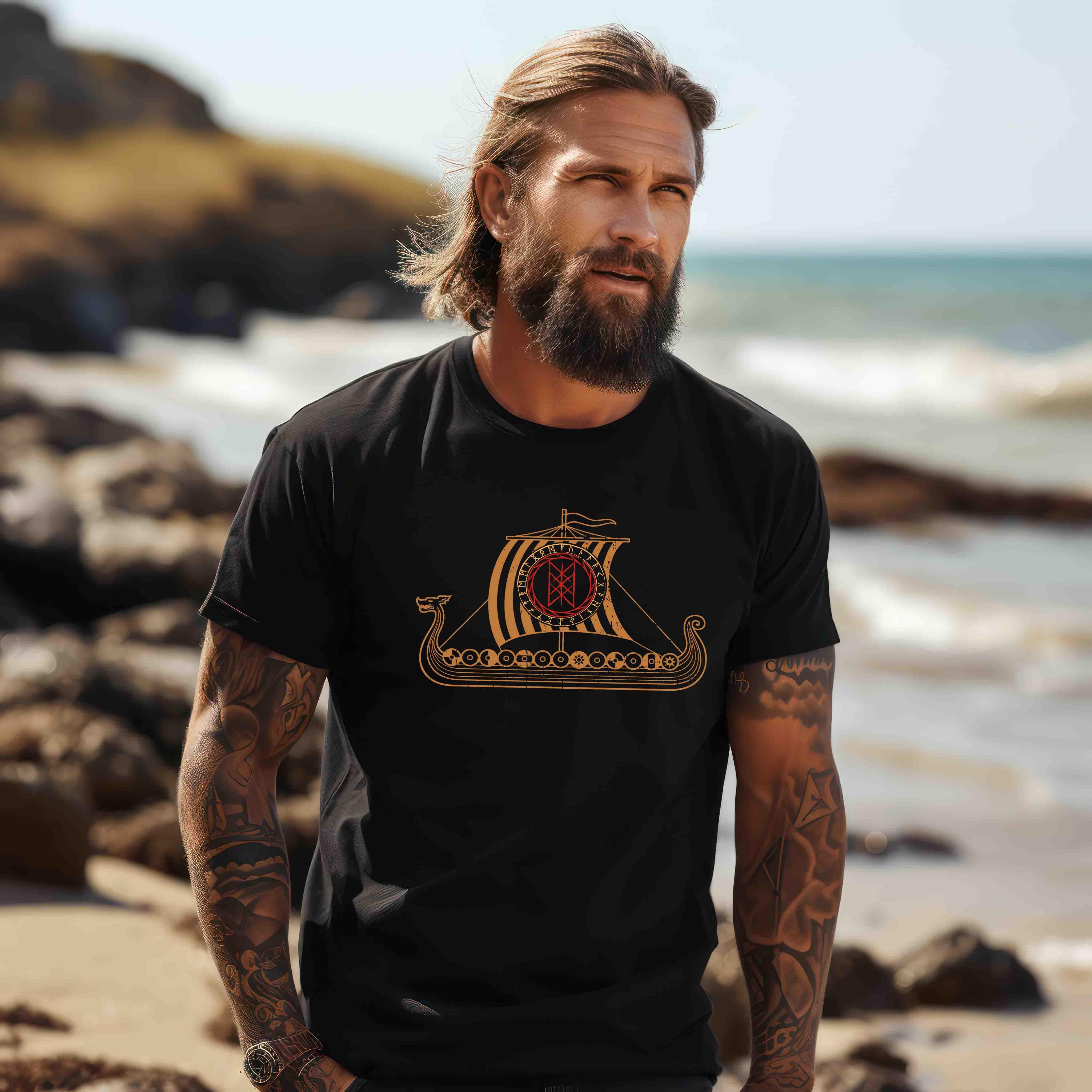 Wikinger Drachenschiff Premiumshirt mit Wyrd-Web- Langschiff Segler Tee - Mystisches Nordisches Design - Nordic Viking Wear