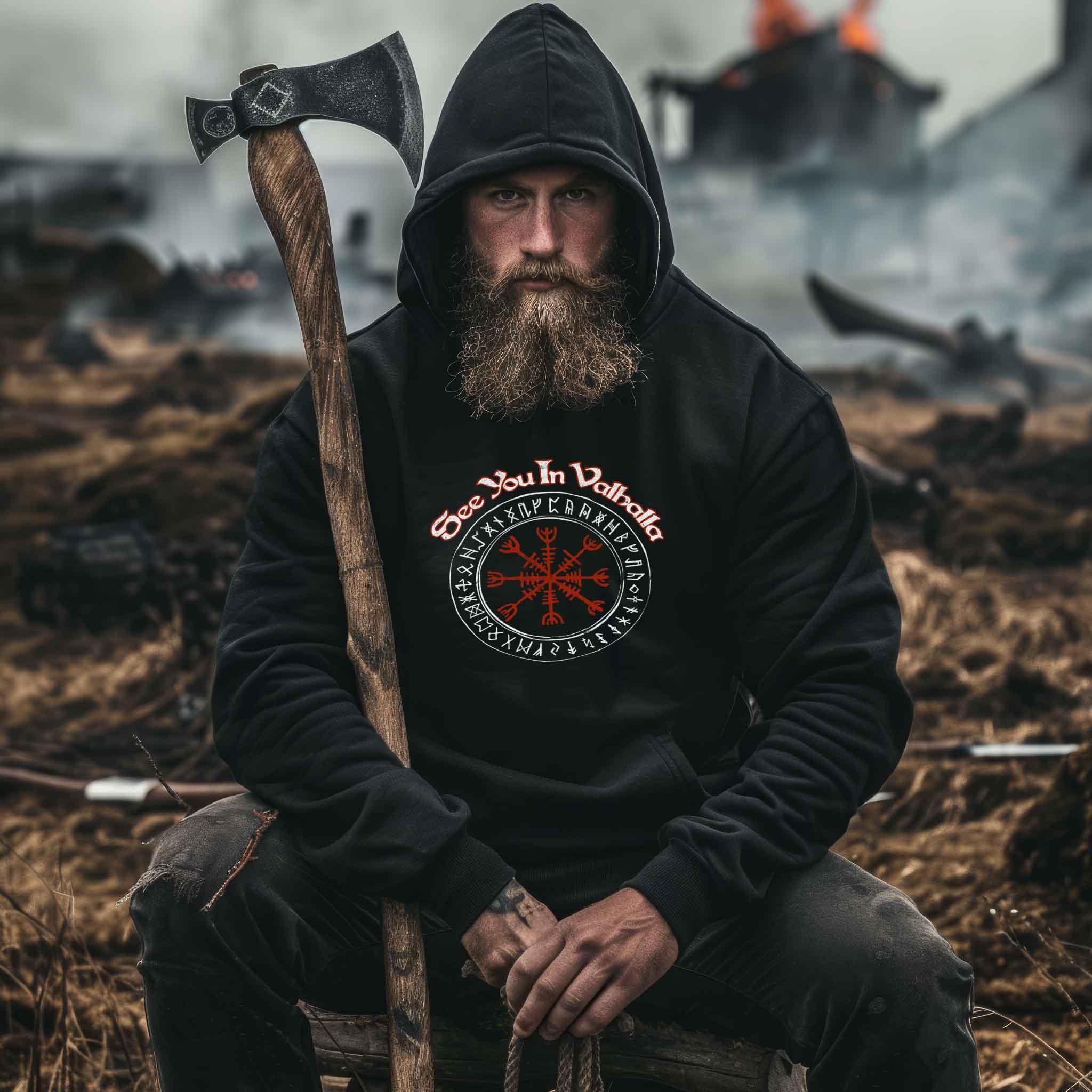 Wikinger Heavy Vintage Hoodie"See You In Valhalla" Design mit Helm Of Awe (Ægishjálmr) - Nordic Viking Wear