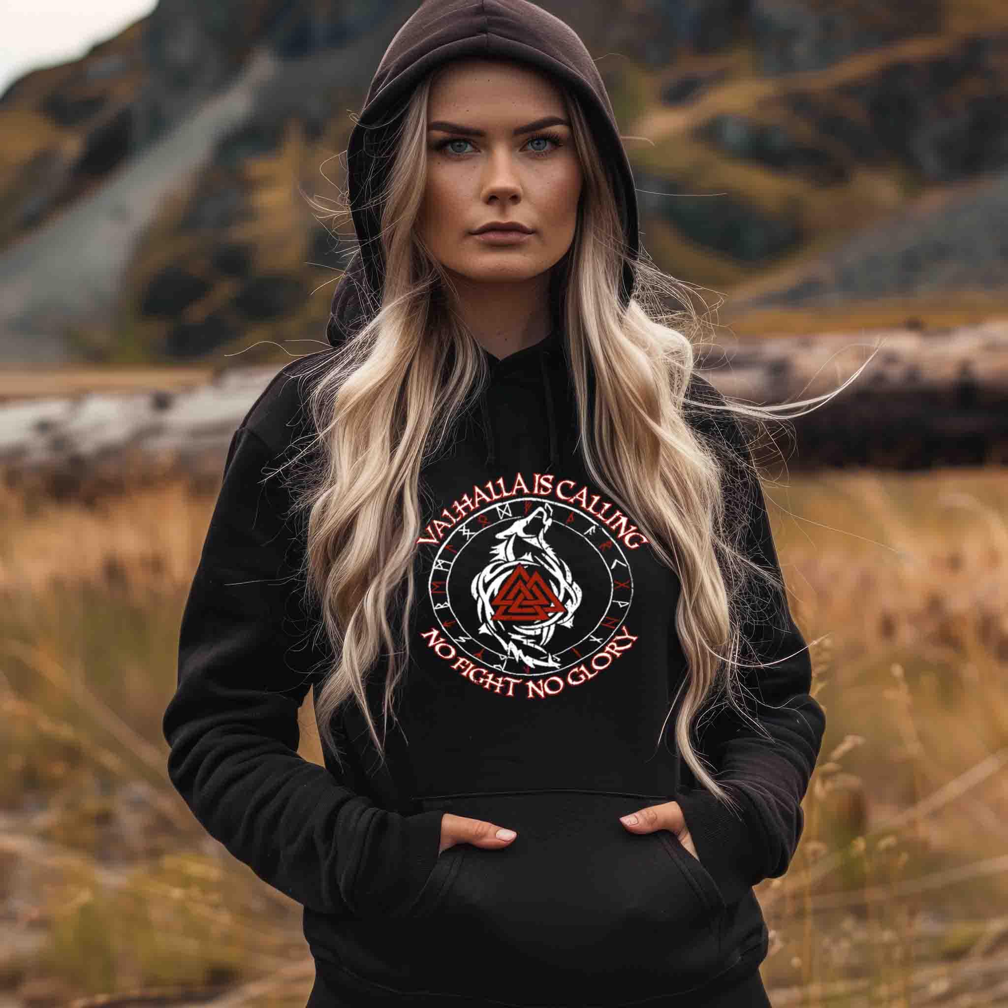 Valhalla Is Calling – No Fight No Glory | Schildmaiden Hoodie mit Runen, Wolf und Valknut