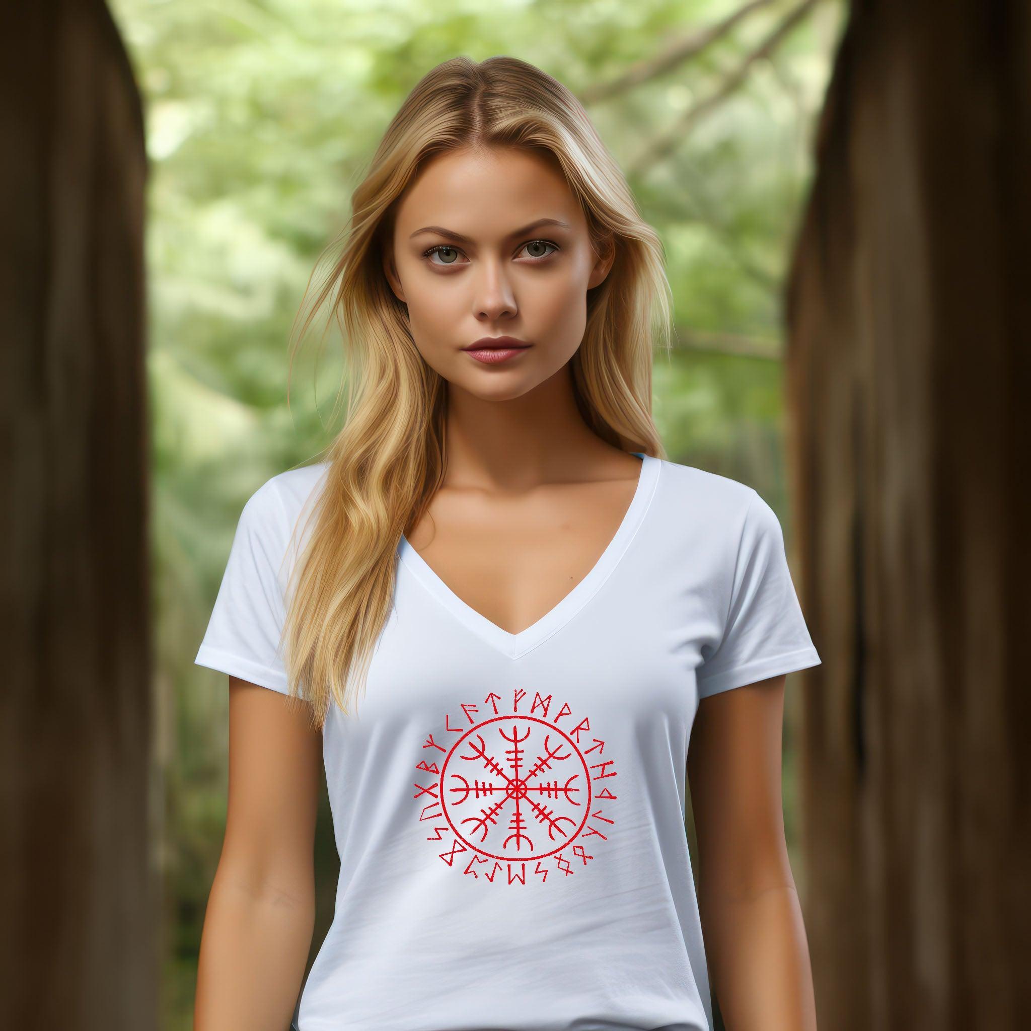 Nordisches Helm Of Awe Schildmaiden V-Neck Shirt – Mystische Runen und Schutzsymbole - Nordic Viking Wear