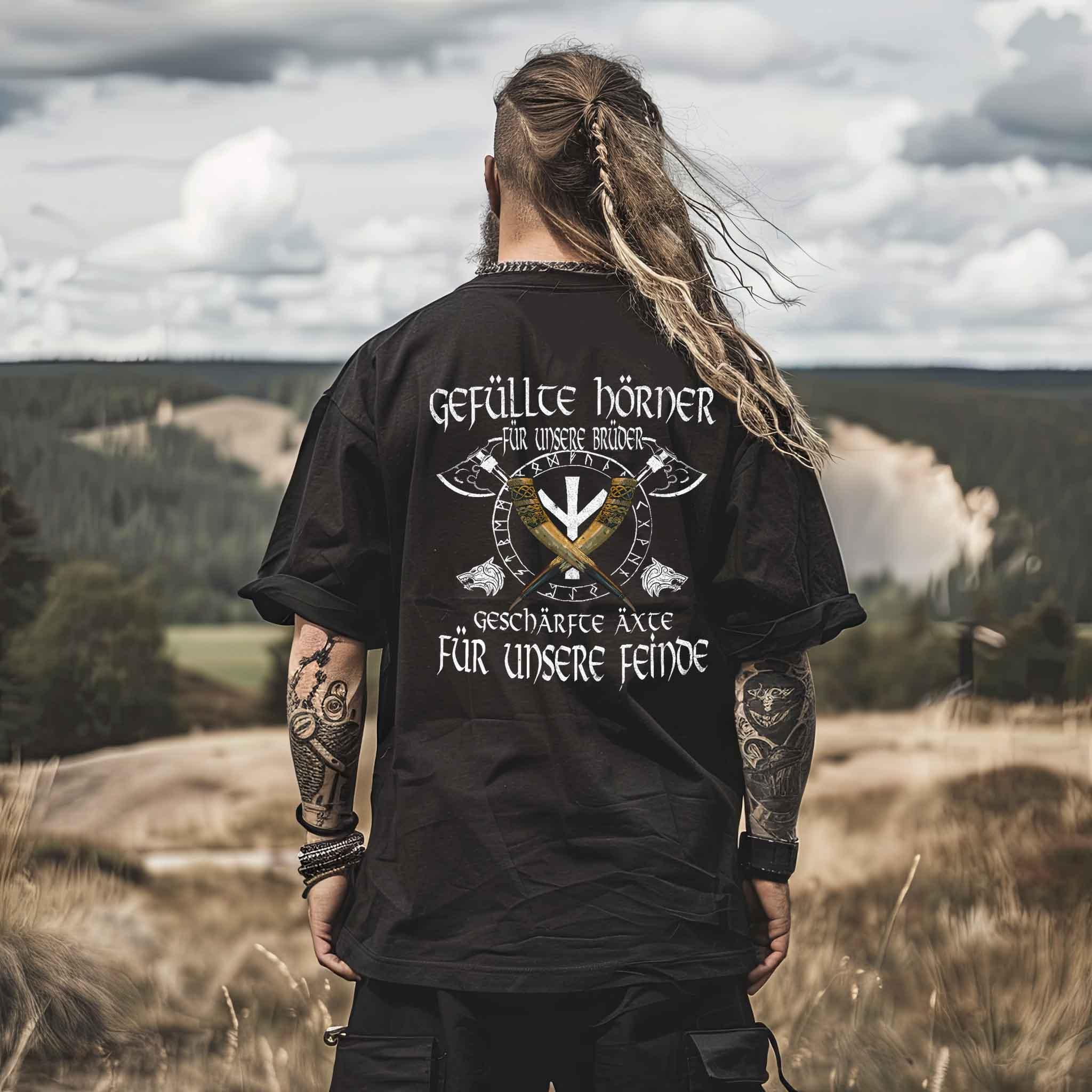 Wikinger Brüderlichkeit Heavy Oversized Shirt – "Gefüllte Hörner und Geschärfte Äxte" - Nordic Viking Wear