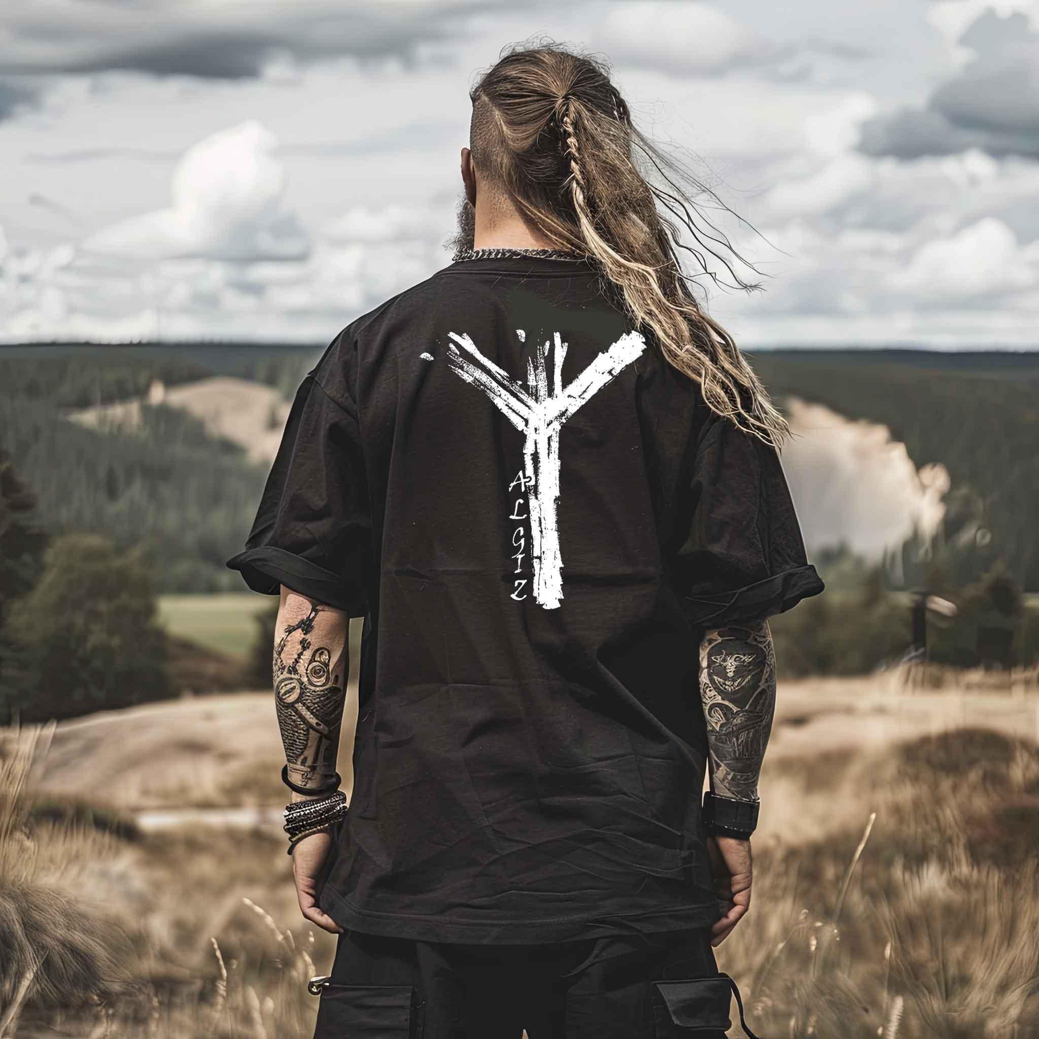 Wikinger Rune Algiz Heavy Oversized T-Shirt – Schutz und Stärke - Nordic Viking Wear