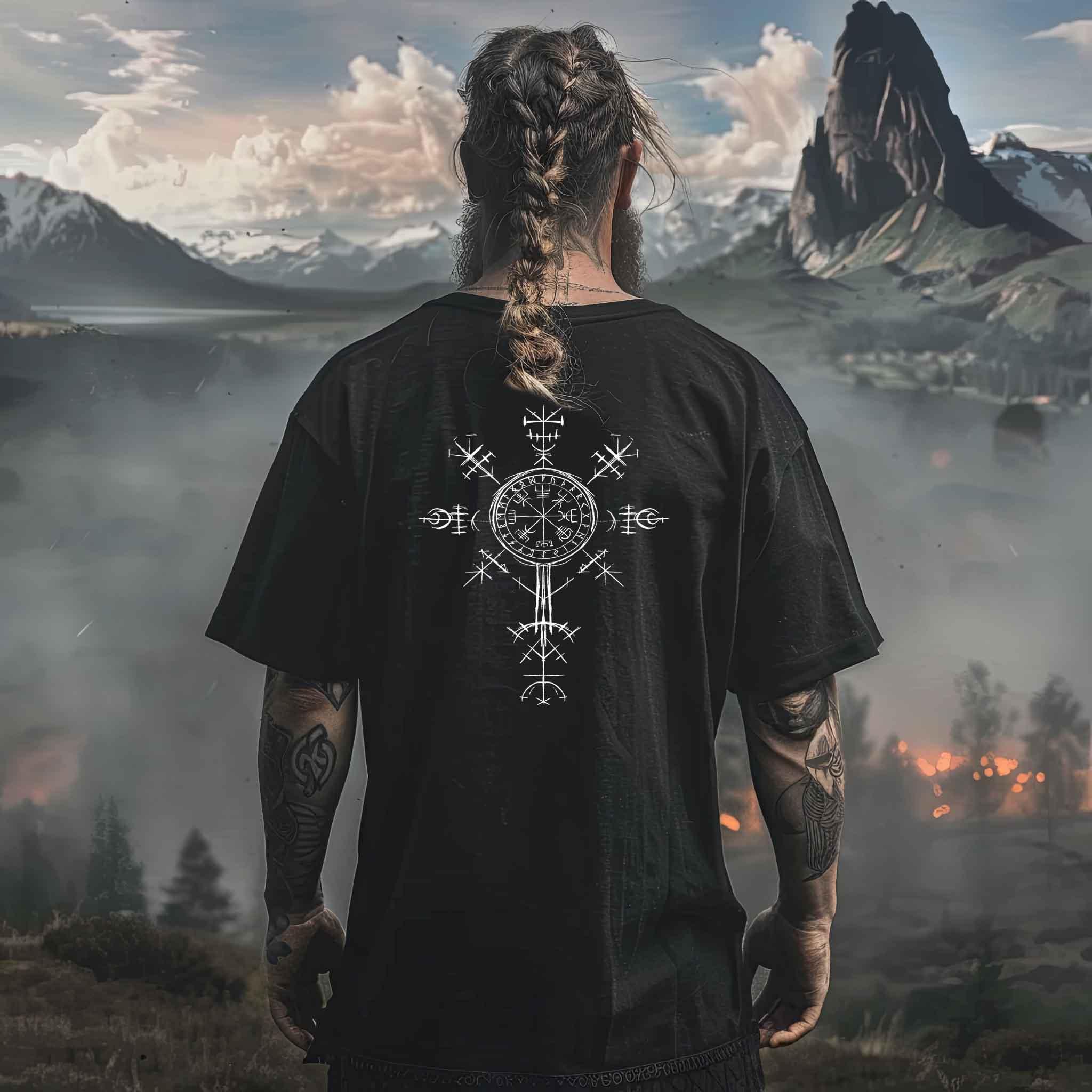 Vegvisir Runen Oversized Wikinger Shirt – Mächtiges Backprint Symbol der Führung - Nordic Viking Wear