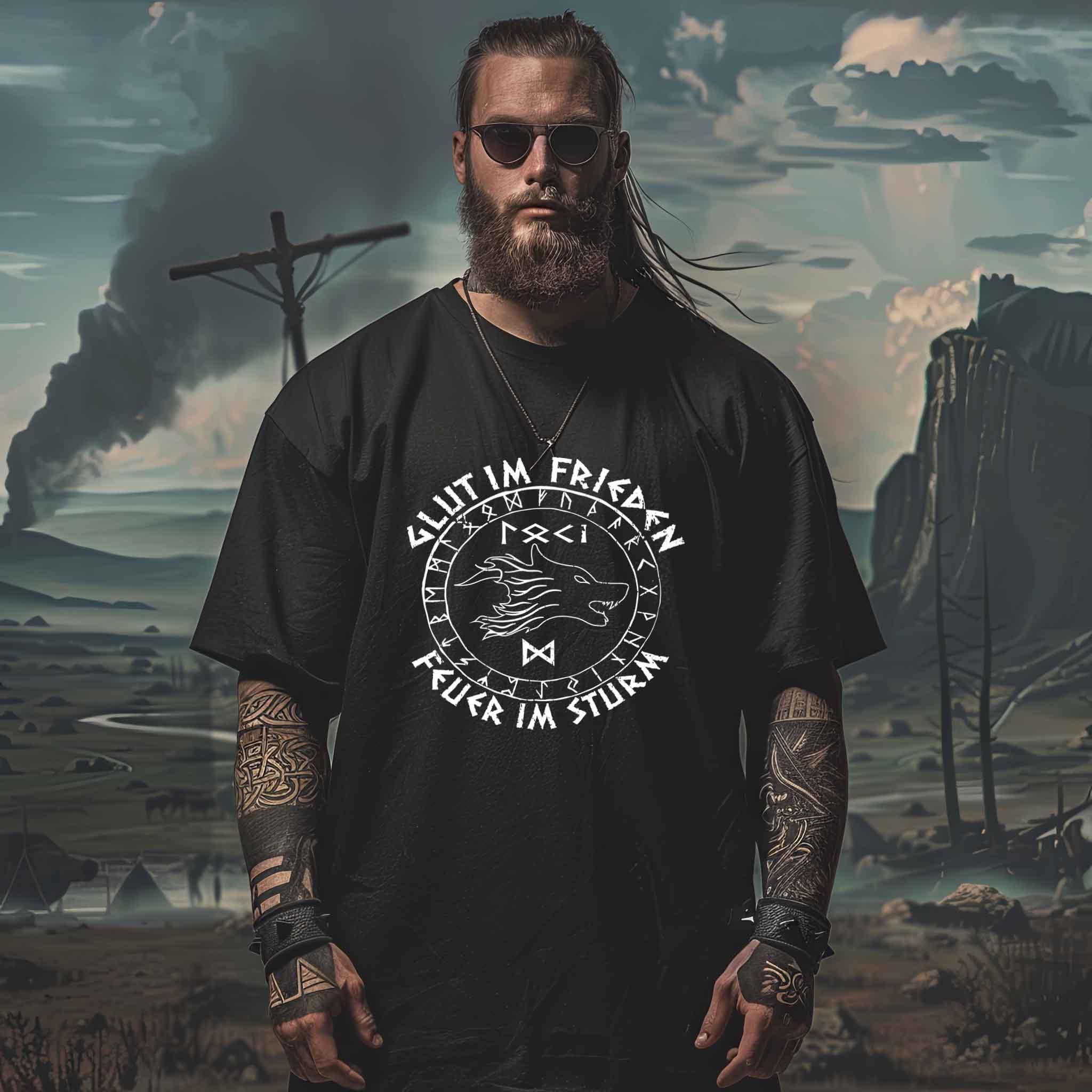 Wikinger Oversized Shirt "Blut im Frieden, Feuer im Sturm" mit Loki Im Runenkreis - Nordic Viking Wear