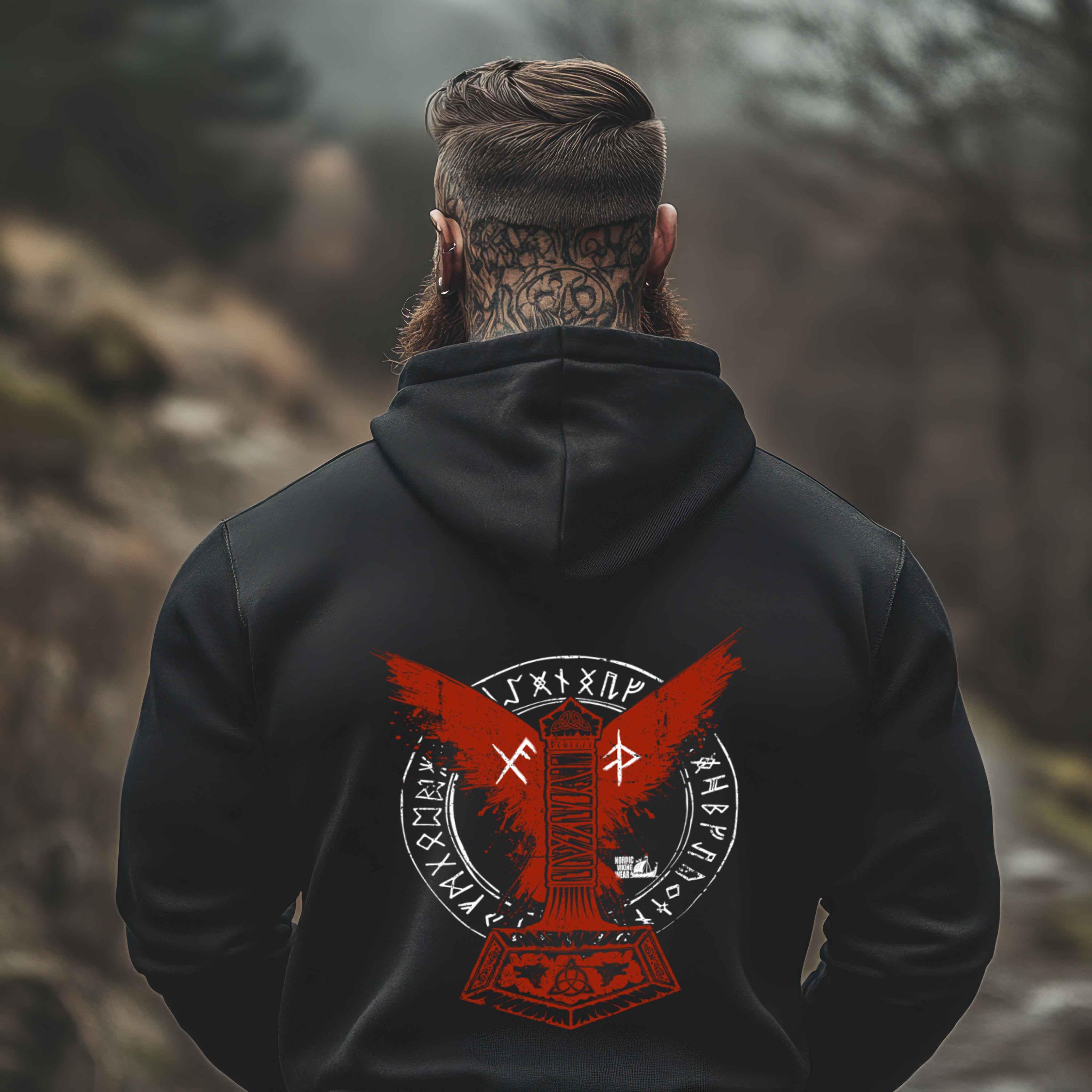 Wikinger Premium Hoodie – Thors Hammer mit Blutadler und Binde-Runen - Nordic Viking Wear