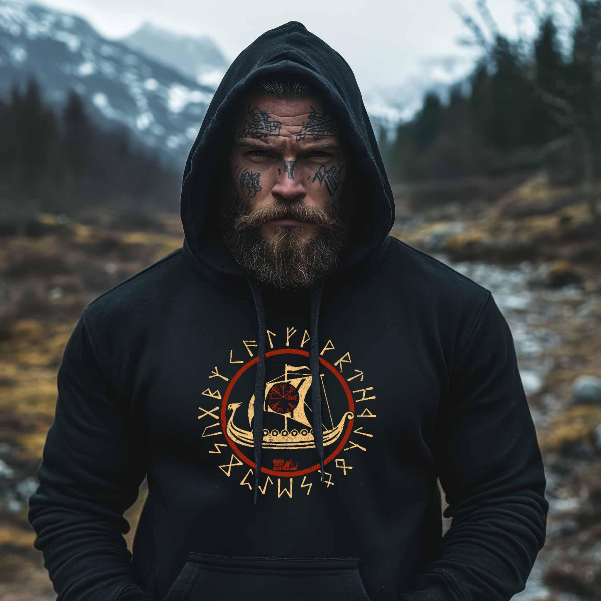 Wikinger Premium Hoodie Vegvisir Drachenboot - Nordic Viking Wear