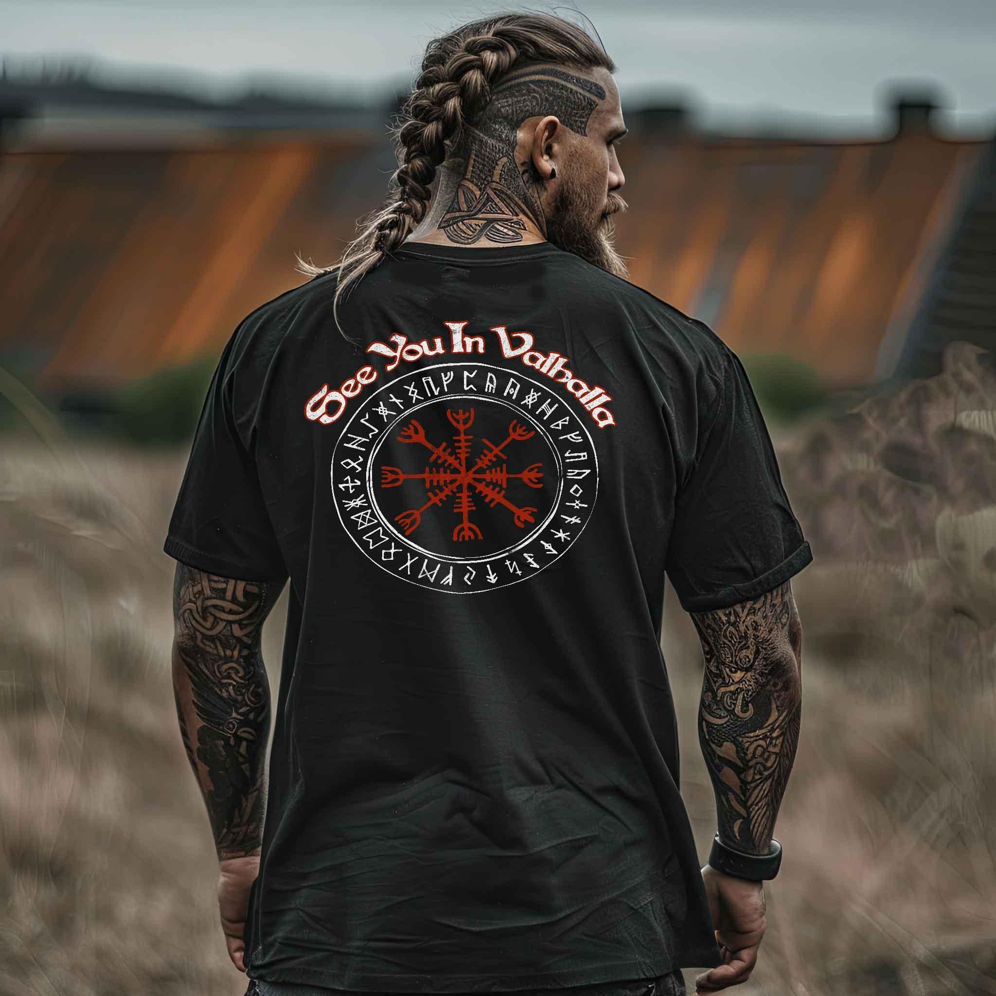 Wikinger Heavy Oversized Shirt - "See You In Valhalla" Design mit Helm Of Awe (Ægishjálmr) - Nordic Viking Wear