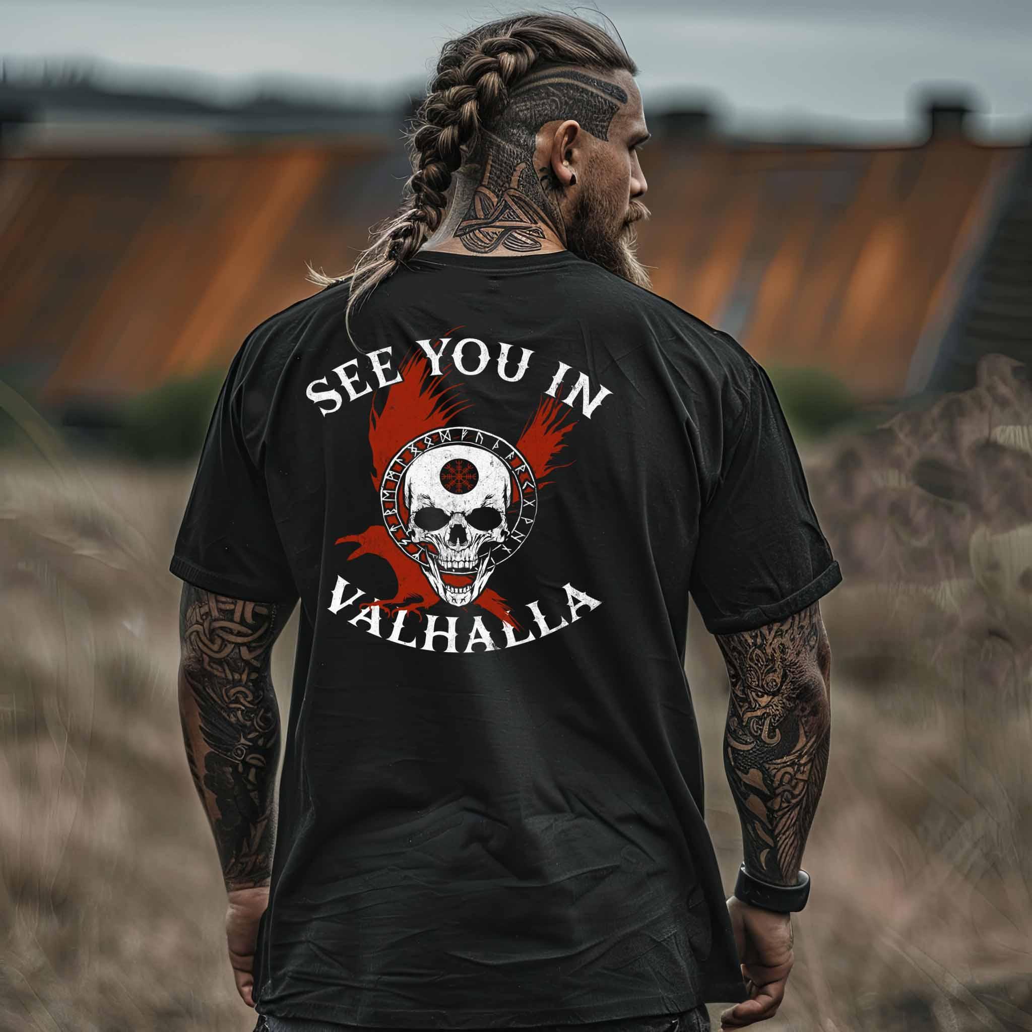 See You in Valhalla" Wikinger Oversized Shirt mit Totenkopf mit Helm Of Awe - Nordic Viking Wear
