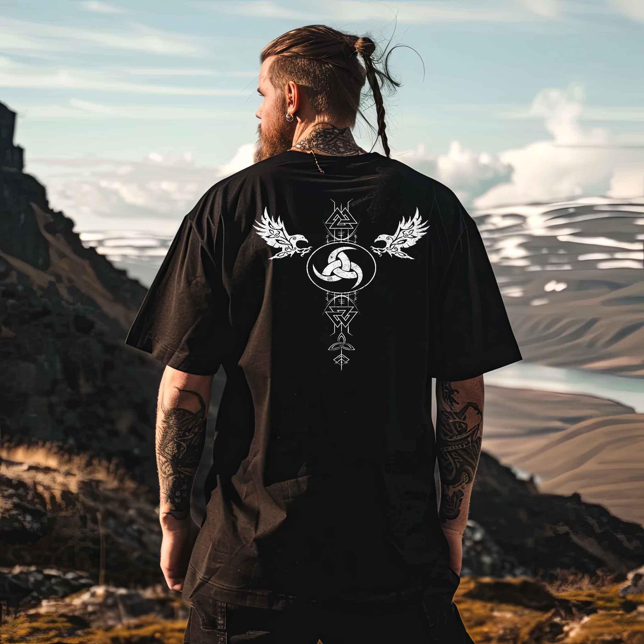 Odins Gjallarhorn Wikinger Backprint Oversized Shirt – Mystisches Valknut- und Rabendesign - Nordic Viking Wear