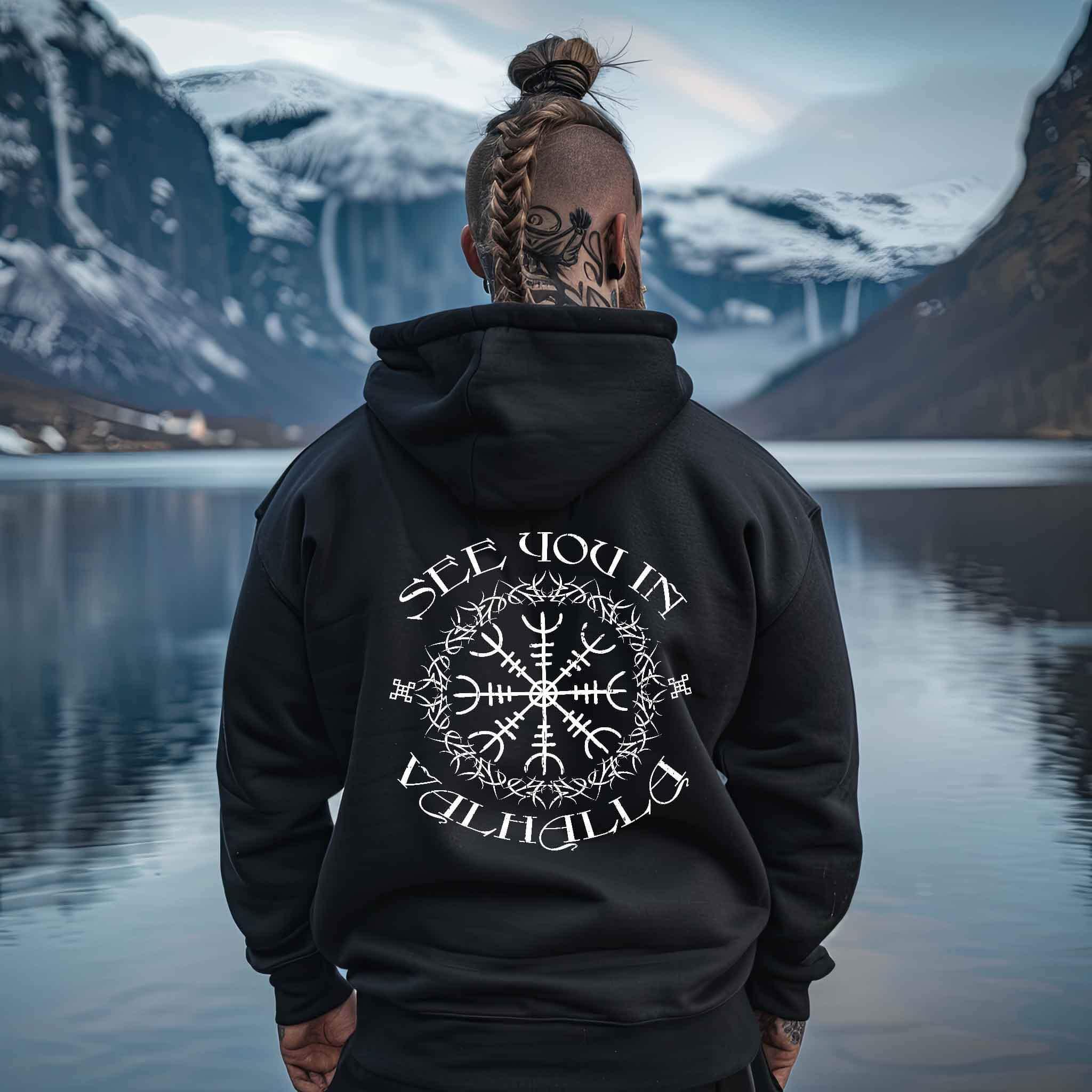 Wikinger "See You in Valhalla" Oversized Hoodie – Helm Of Awe Pullover - Nordic Viking Wear