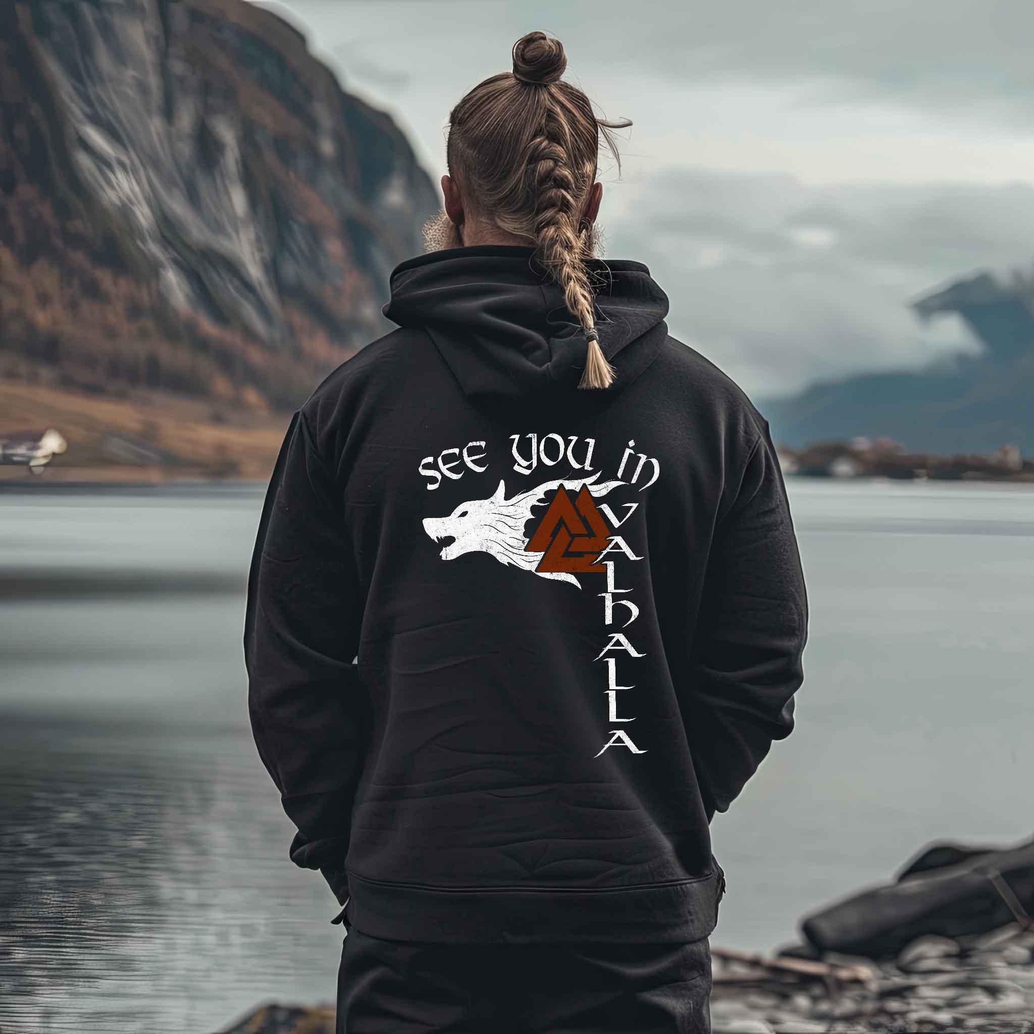 Wikinger "See You in Valhalla" Oversized Hoodie mit Wolfsmotiv - Nordischer Kriegergeist - Nordic Viking Wear