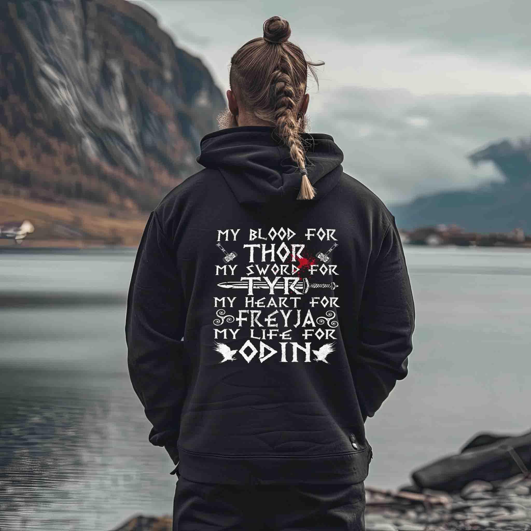 ⚡ Nordischer Zipp-Hoodie – My Blood for Thor, My Sword for Tyr, My Heart for Freyja, My Life for Odin ⚡ - Nordic Viking Wear