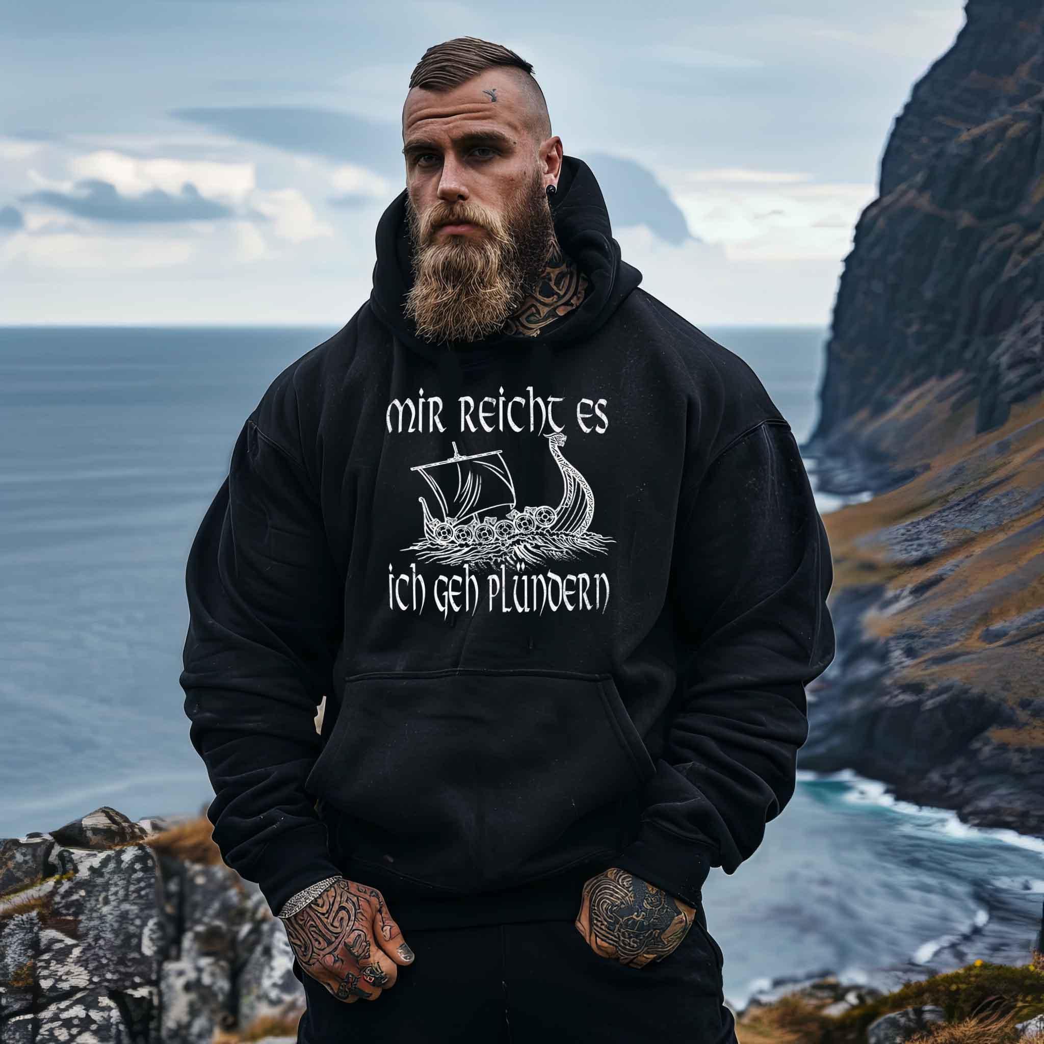 Lustiger Wikinger Heavy Vintage Hoodie mit Wikingerschiff - "Mir Reicht's, Ich Geh Plündern" - Nordic Viking Wear