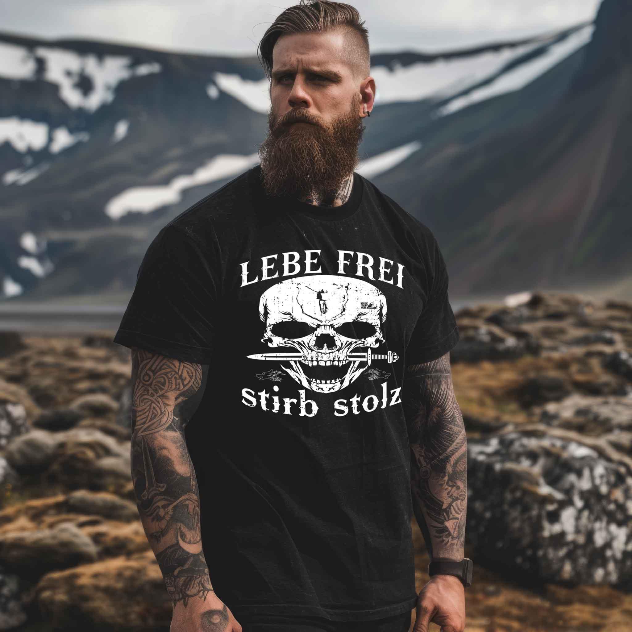 Lebe Frei, Stirb Stolz – Wikinger Premiumshirt mit Totenkopf und Schwert-Design - Nordic Viking Wear