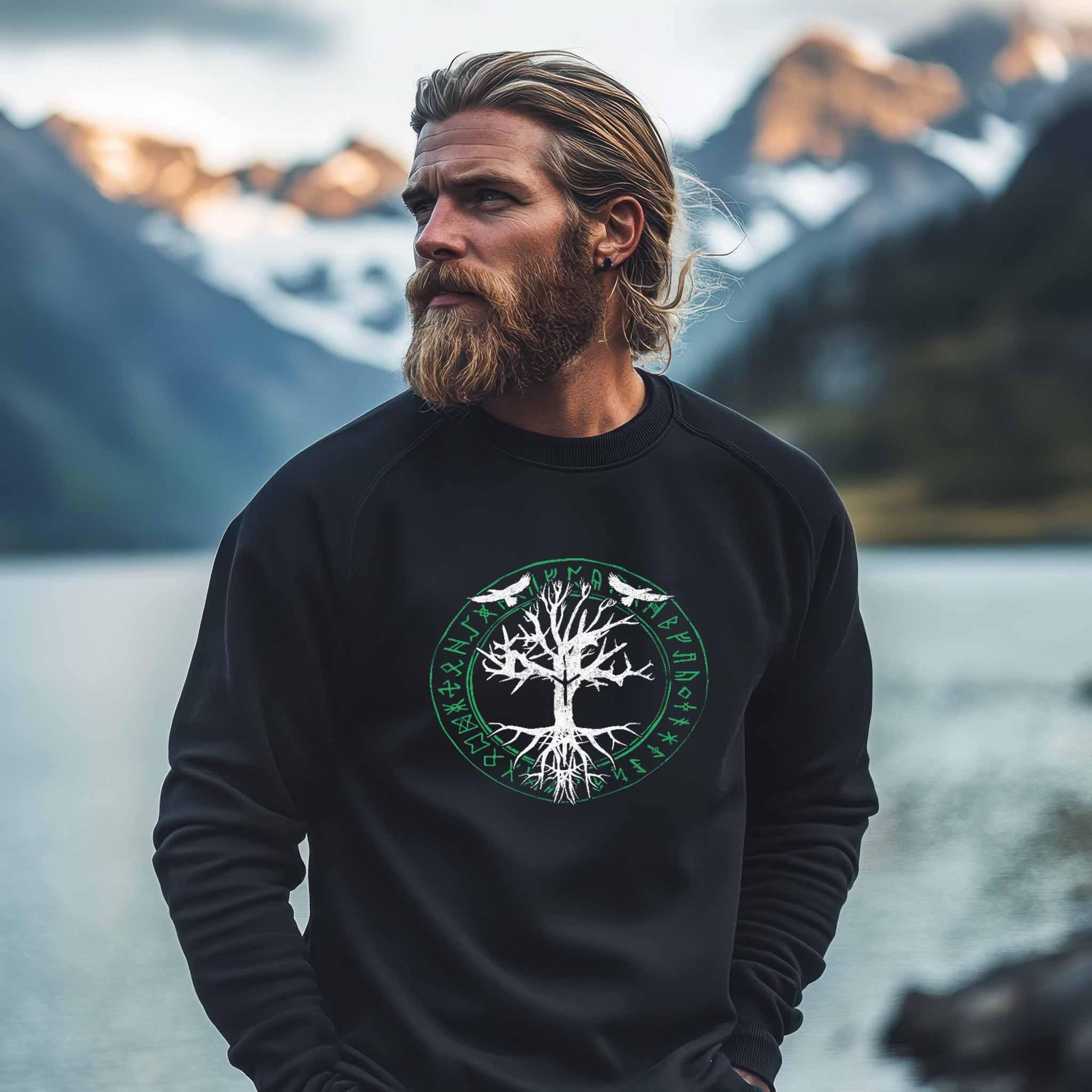 Wikinger Sweatshirt Odins Raben Weltenbaum mit Runenkreis - Nordic Viking Wear