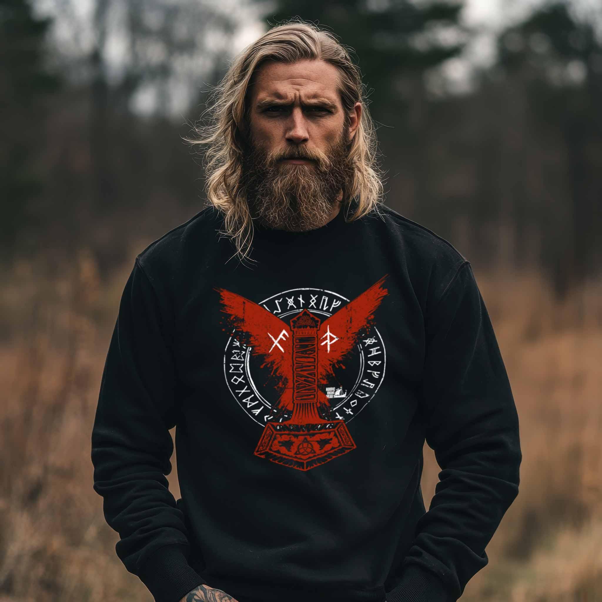 Wikinger Sweatshirt – Thors Hammer mit Blutadler und Binde-Runen - Nordic Viking Wear