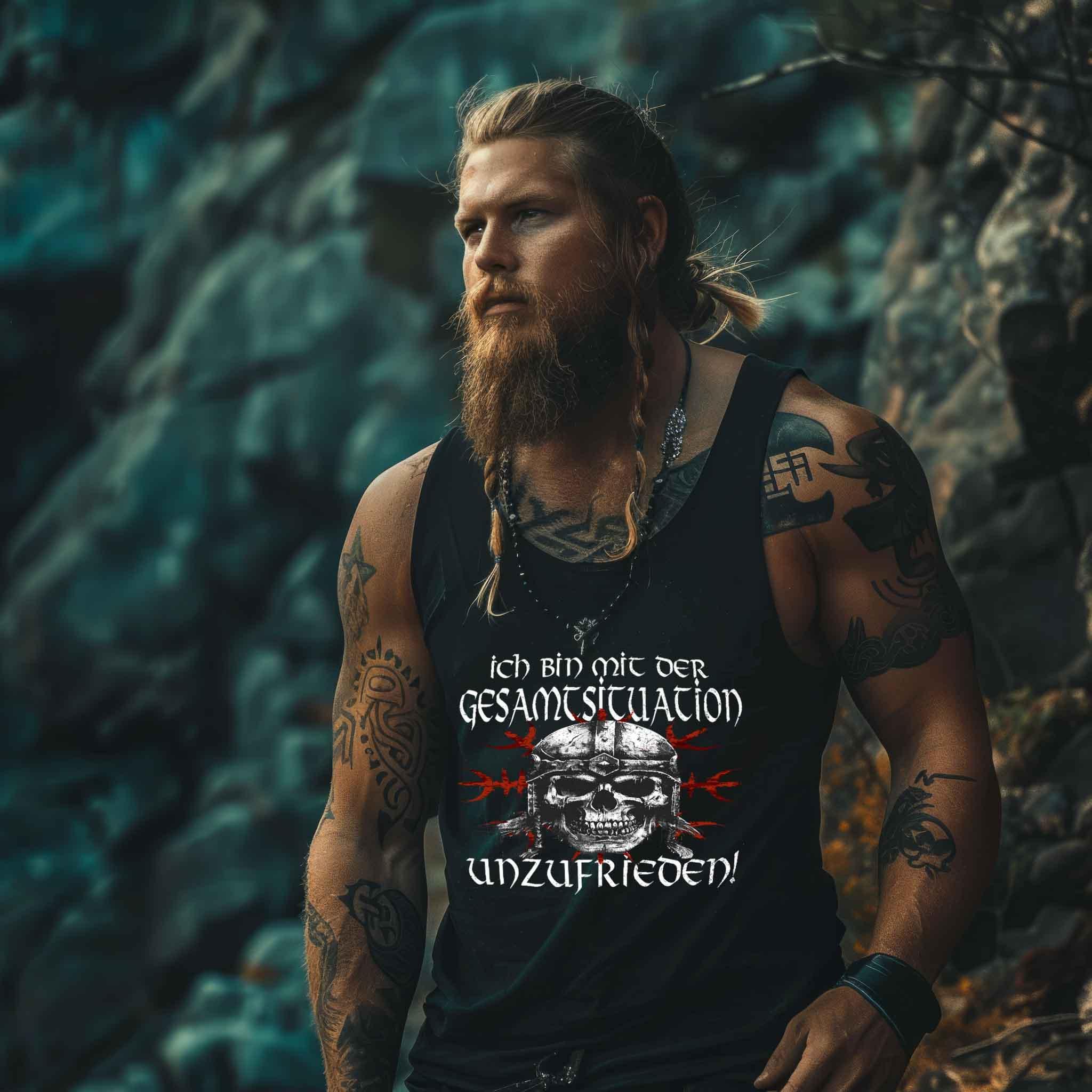Lustiges Wikinger Tanktop 'Unzufrieden' – Helm of Awe und rebellischer Geist - Nordic Viking Wear