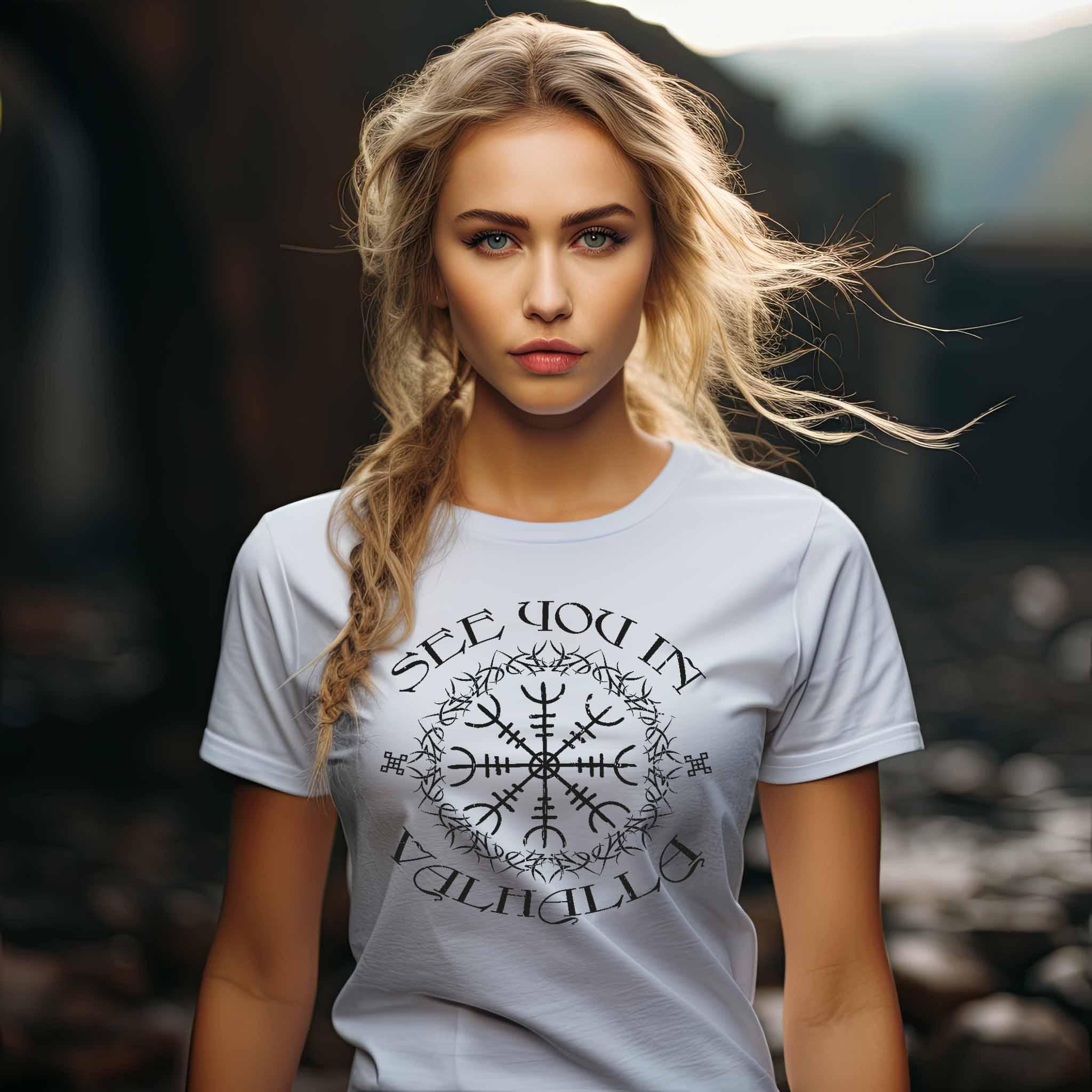 Schildmaiden Expresser „See You in Valhalla – Wikinger T-Shirt mit Vegvisir Design“ - Nordic Viking Wear