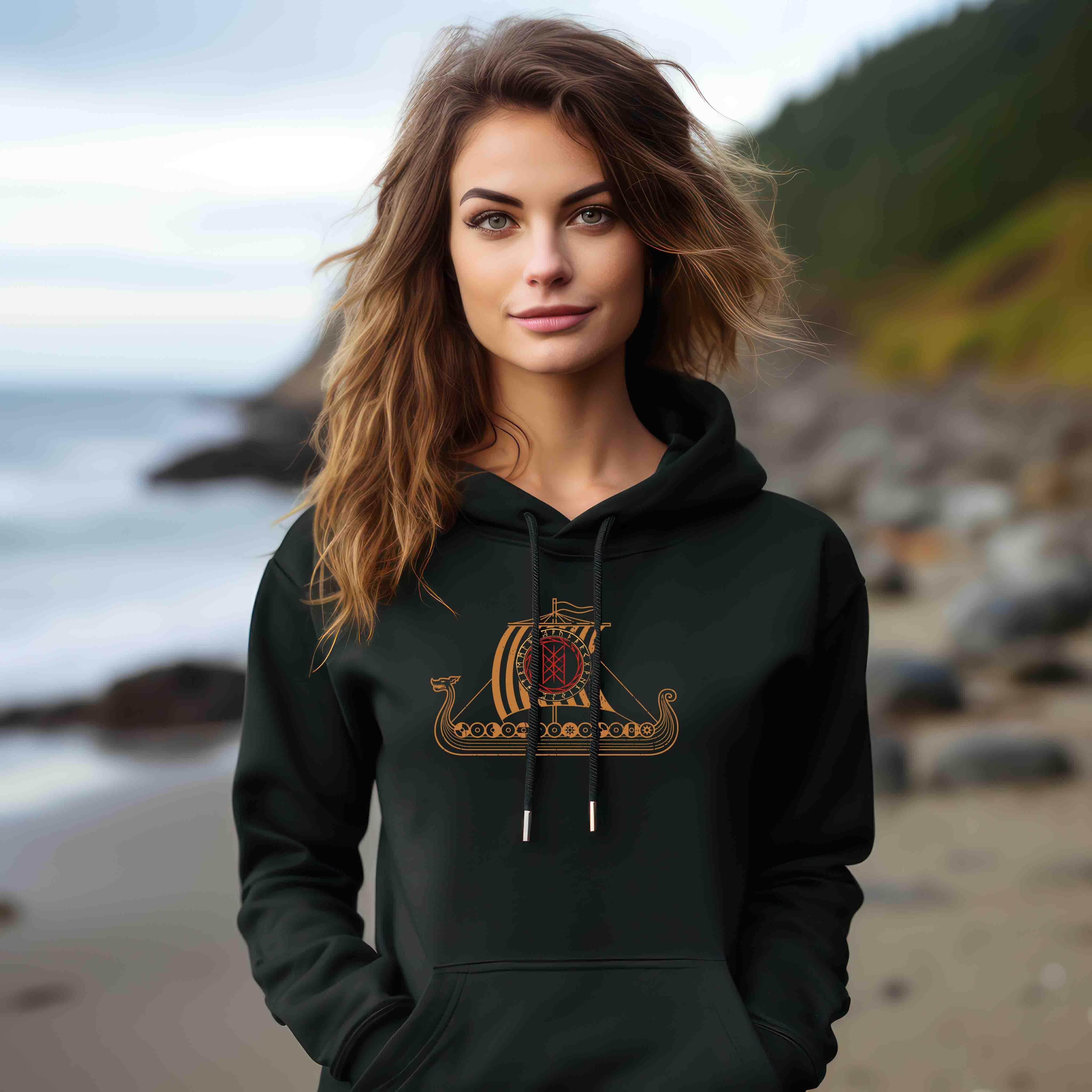 Wikingerschiff Schildmaiden Hoodie Runenkreis Wyrd-Web Motiv - Nordic Viking Wear