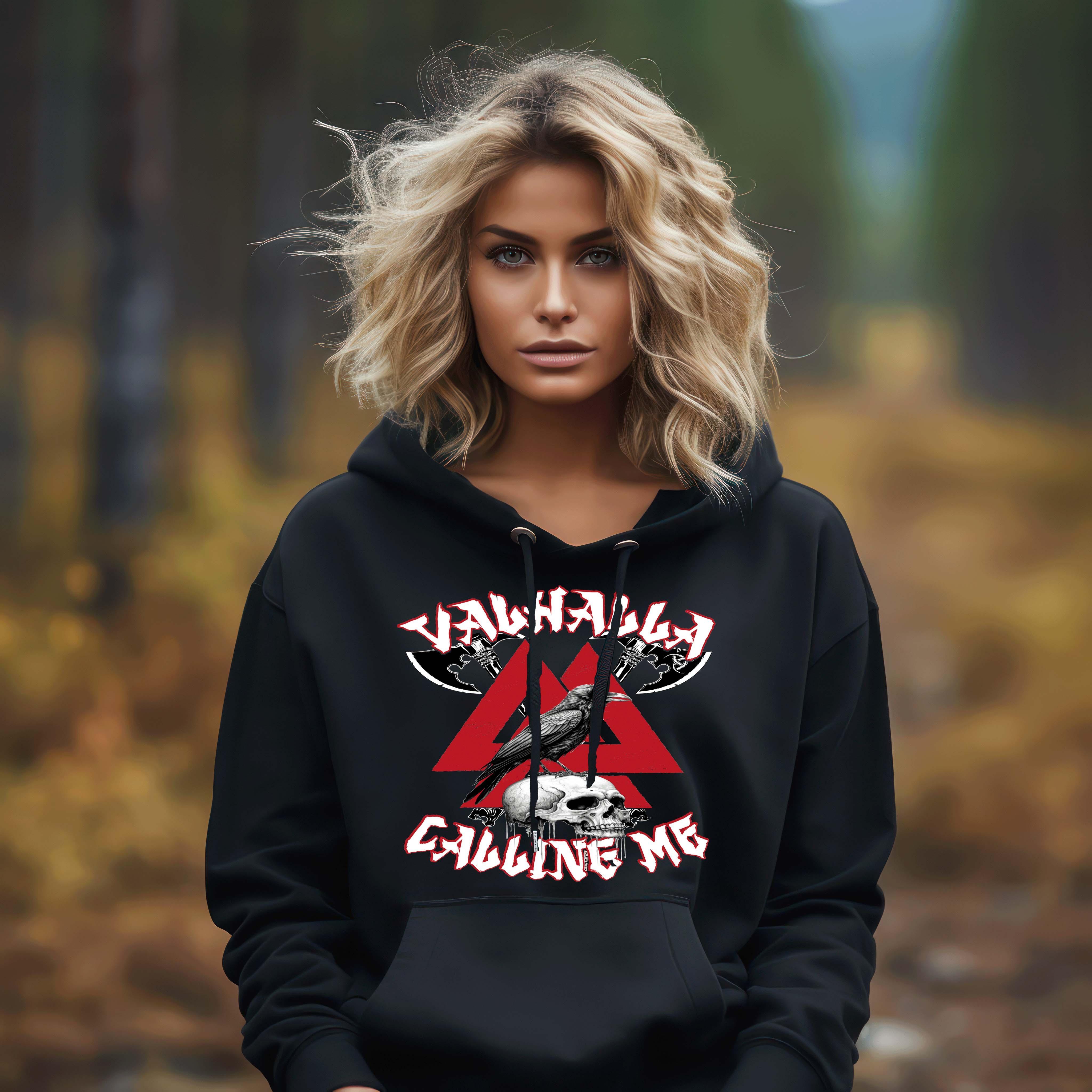Schildmaiden Hoodie mit Valknut, Rabe & Schädel Design - "Valhalla Calling Me" - Nordic Viking Wear