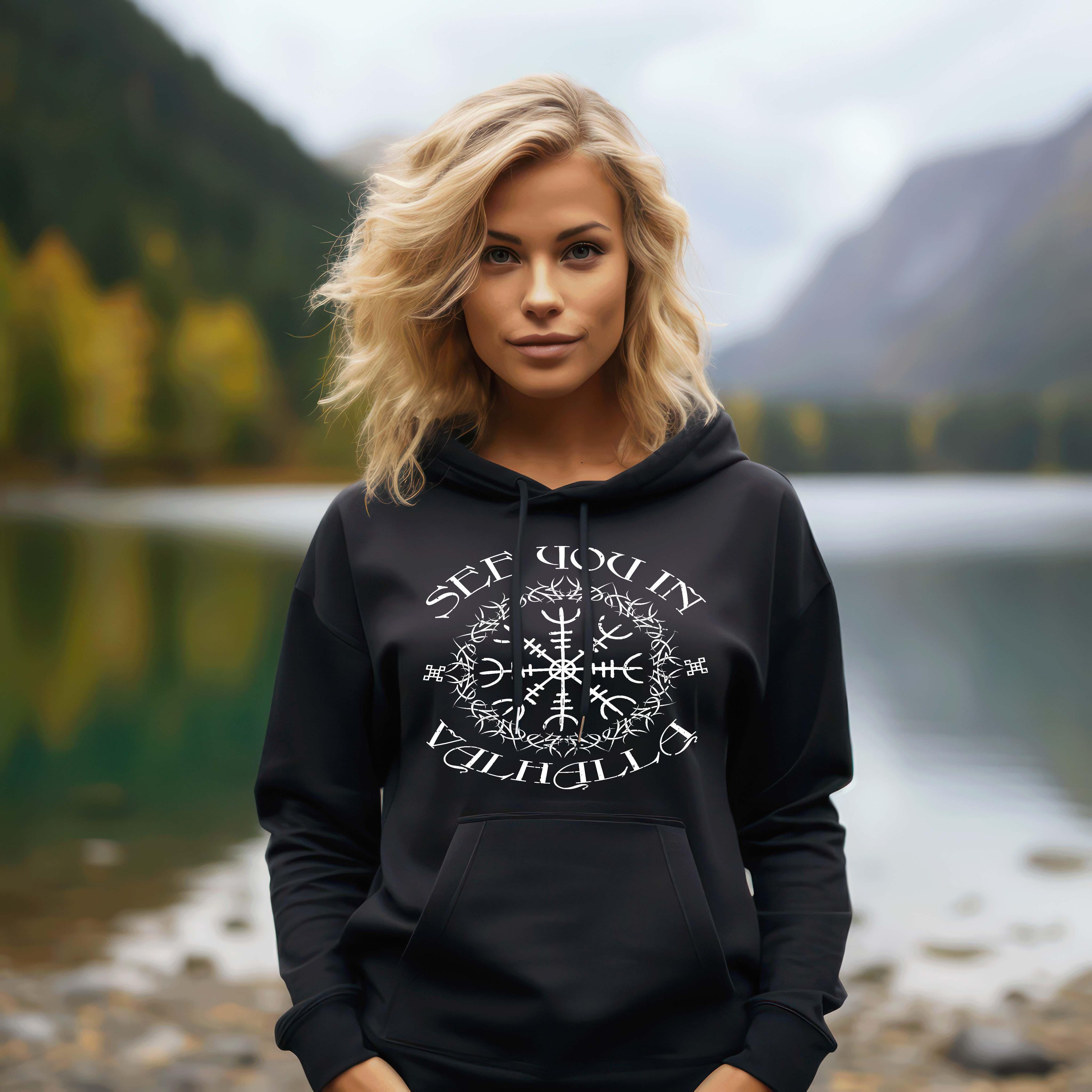 Schildmaiden Hoodie - "See You In Valhalla" - Mit Helm Of Awe Motiv