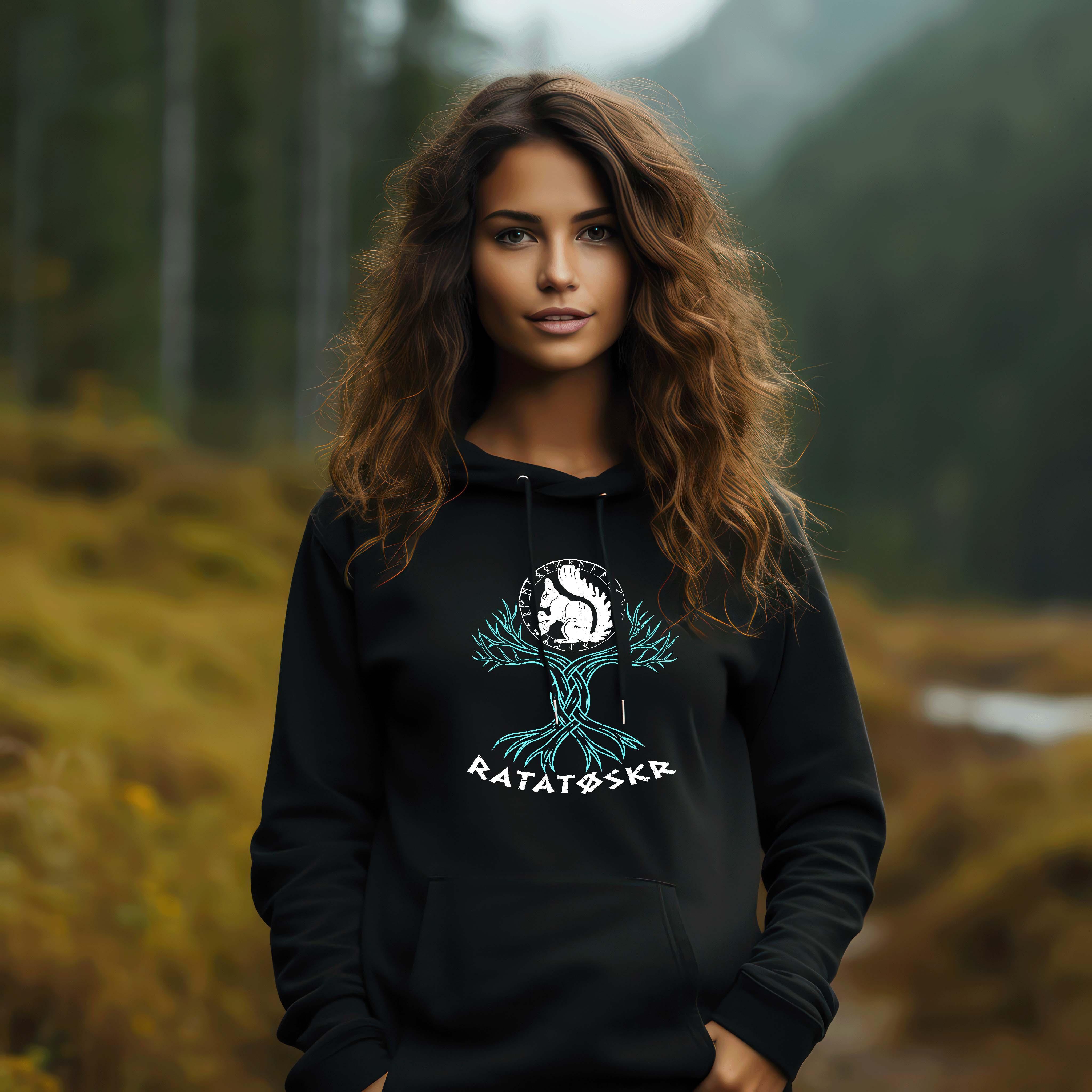 Schildmaiden Hoodie - "Ratatöskr" - Lebensbaum mit Eichhörnchen & Runenkreis