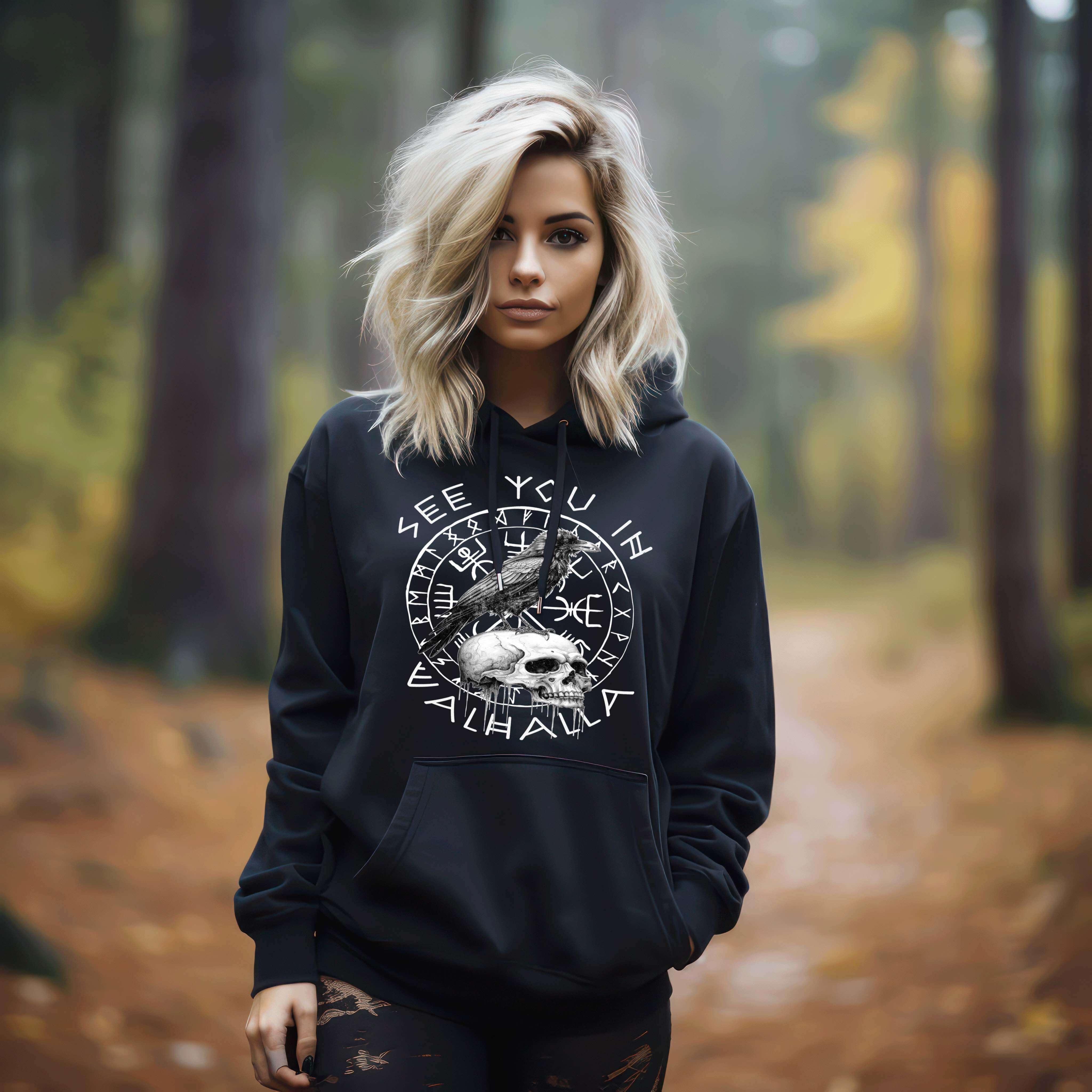 Exklusiver Schildmaiden Hoodie - "See You In Valhalla" - Mit authentischem Vegvisir Motiv