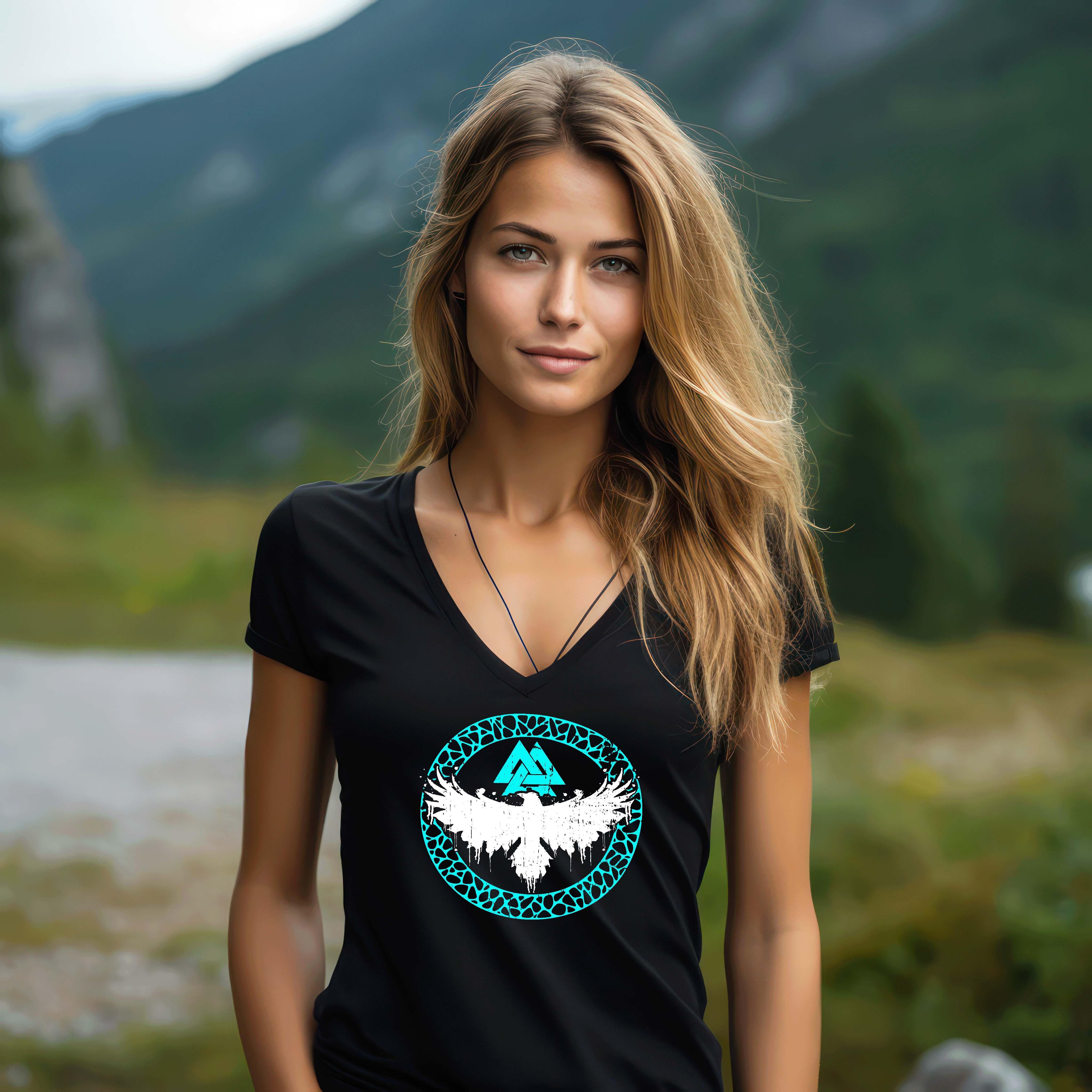 Schildmaiden V-Neck: Leuchtende Valknut Fusion – Vereinigung von Kultur und Modernität - Nordic Viking Wear