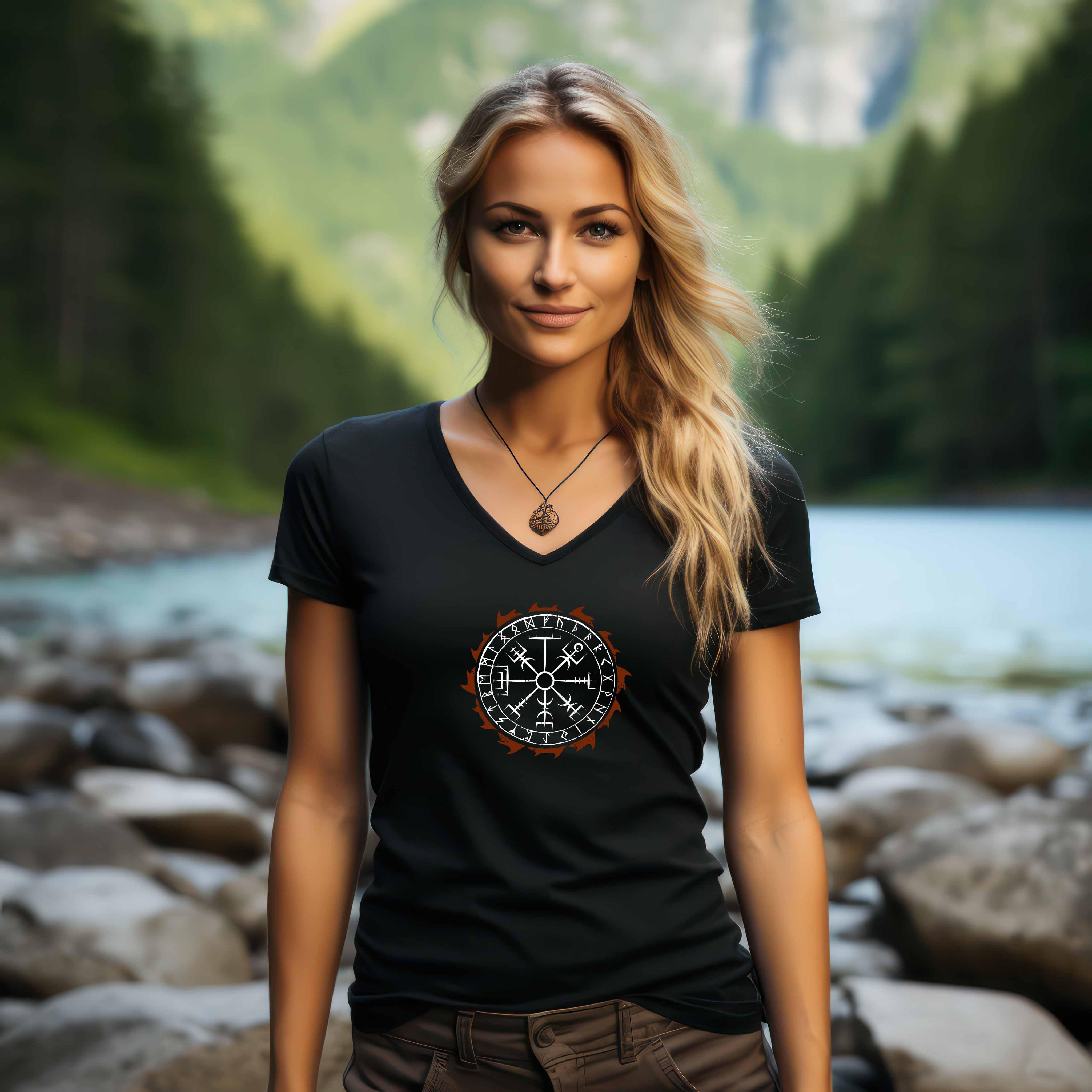 Schildmaiden Vegvisir V-Neck: Feuriger Runen-Kompass – Verbindung von Tradition und Stärke - Nordic Viking Wear