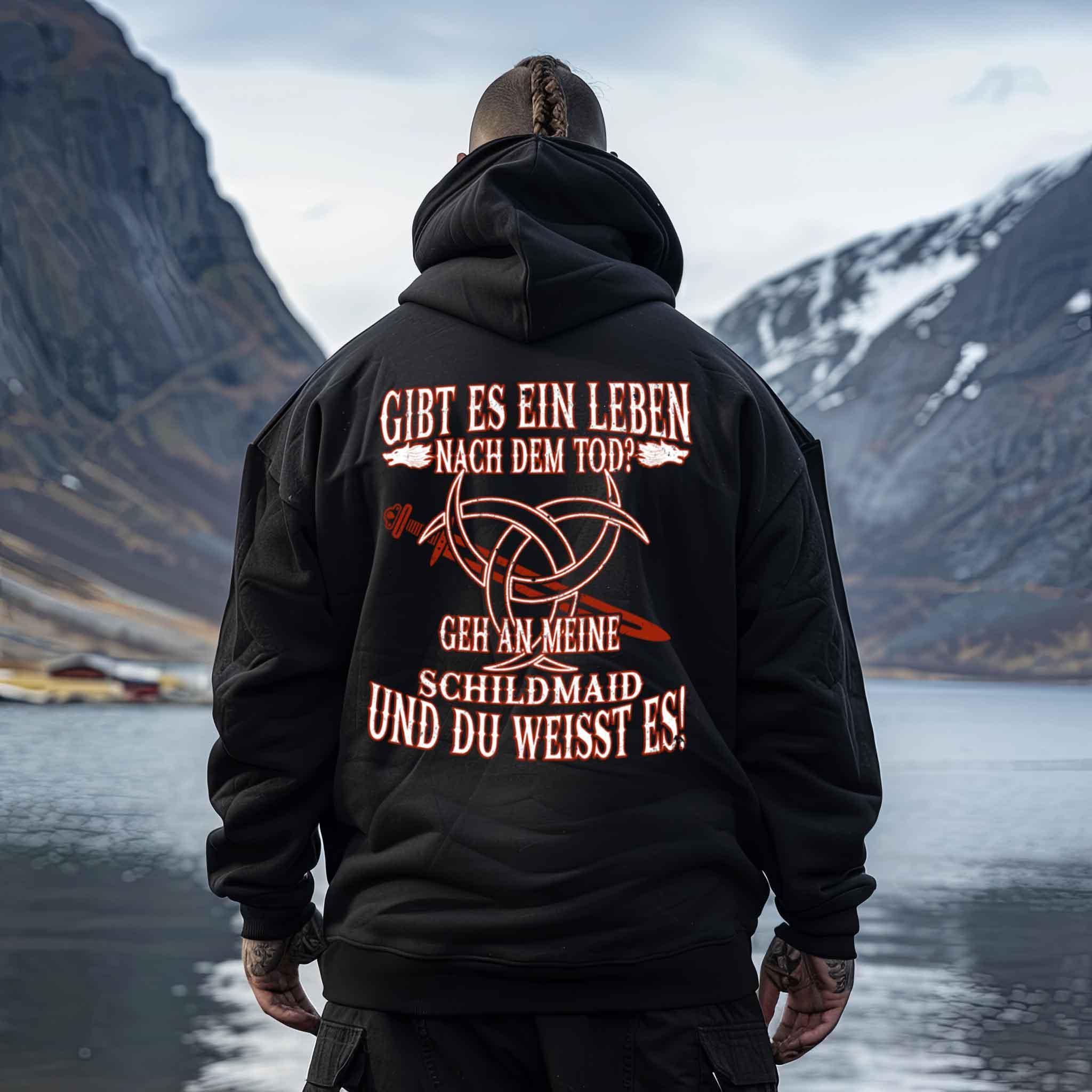 Lustiger Wikinger Heavy Vintage Hoodie "Gibt es ein Leben nach dem Tod? Geh an meine Schildmaid und du weißt es!" - Nordic Viking Wear