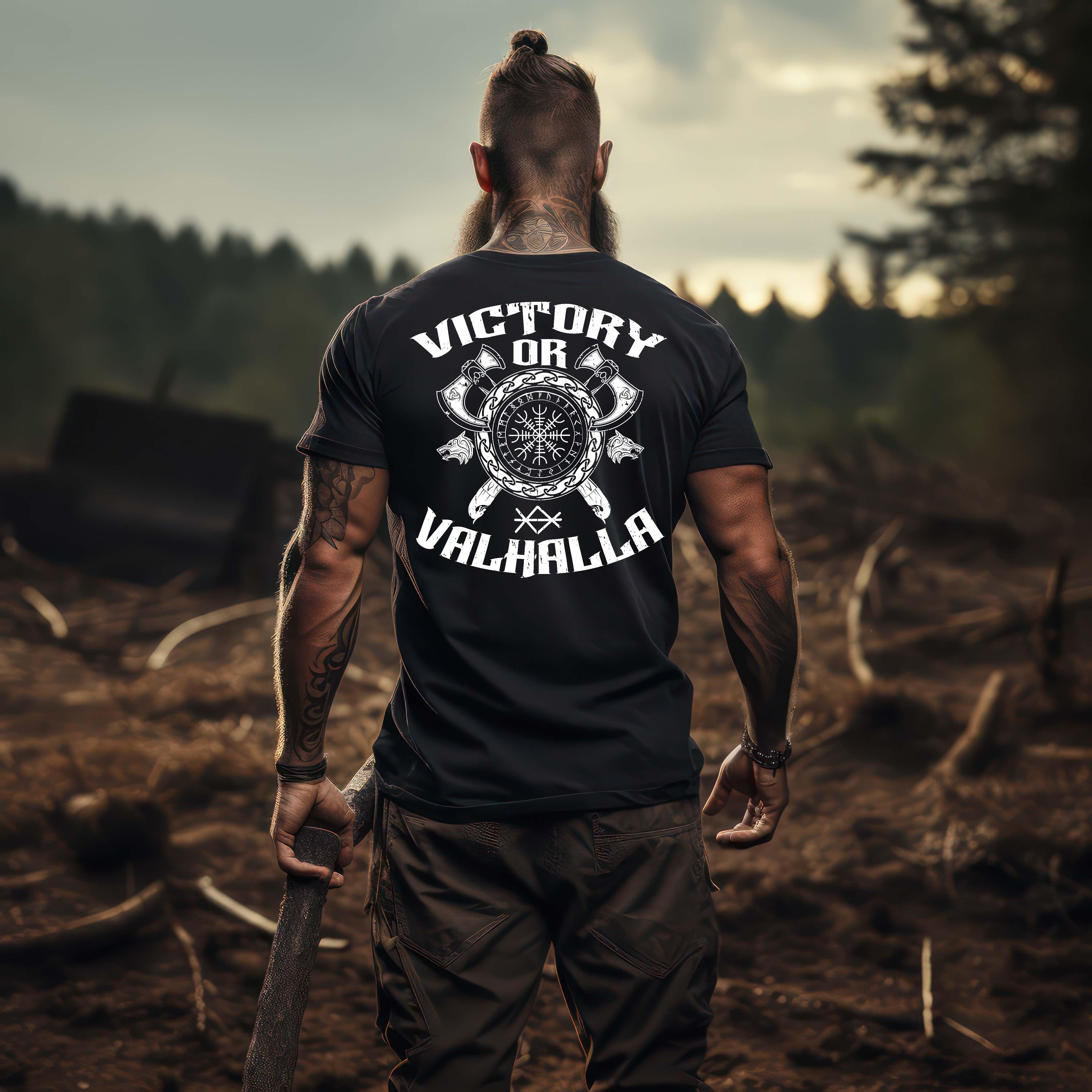 Wikinger Helm Of Awe BackprintPremiumshirt "Sieg oder Valhalla" – Kriegergeist in jedem Faden - Nordic Viking Wear