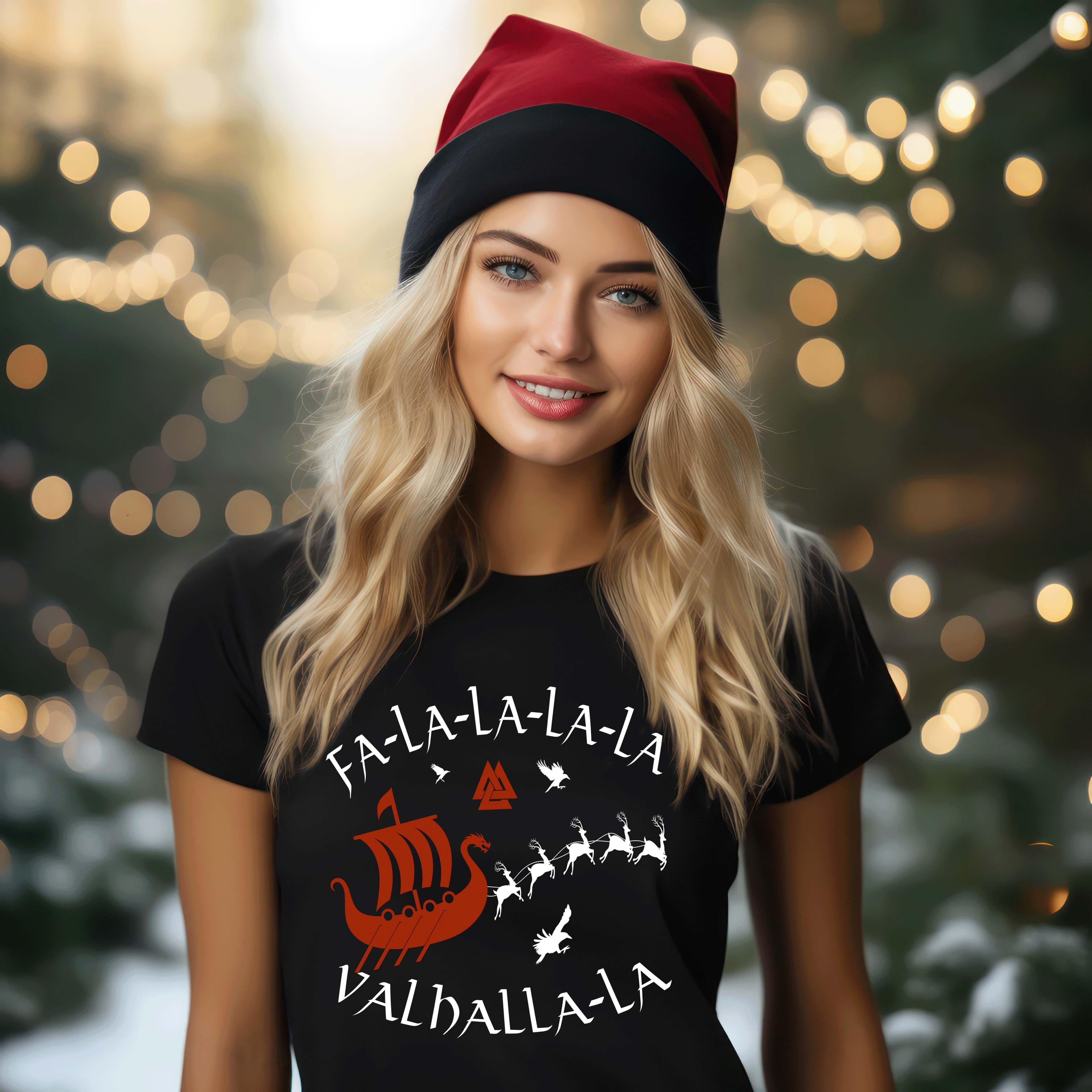 Schildmaiden Premium T-Shirt "Fa-La-La-La Valhalla-La" - Wikinger Weihnachtsmotiv - Damen Tee mit nordischem Flair