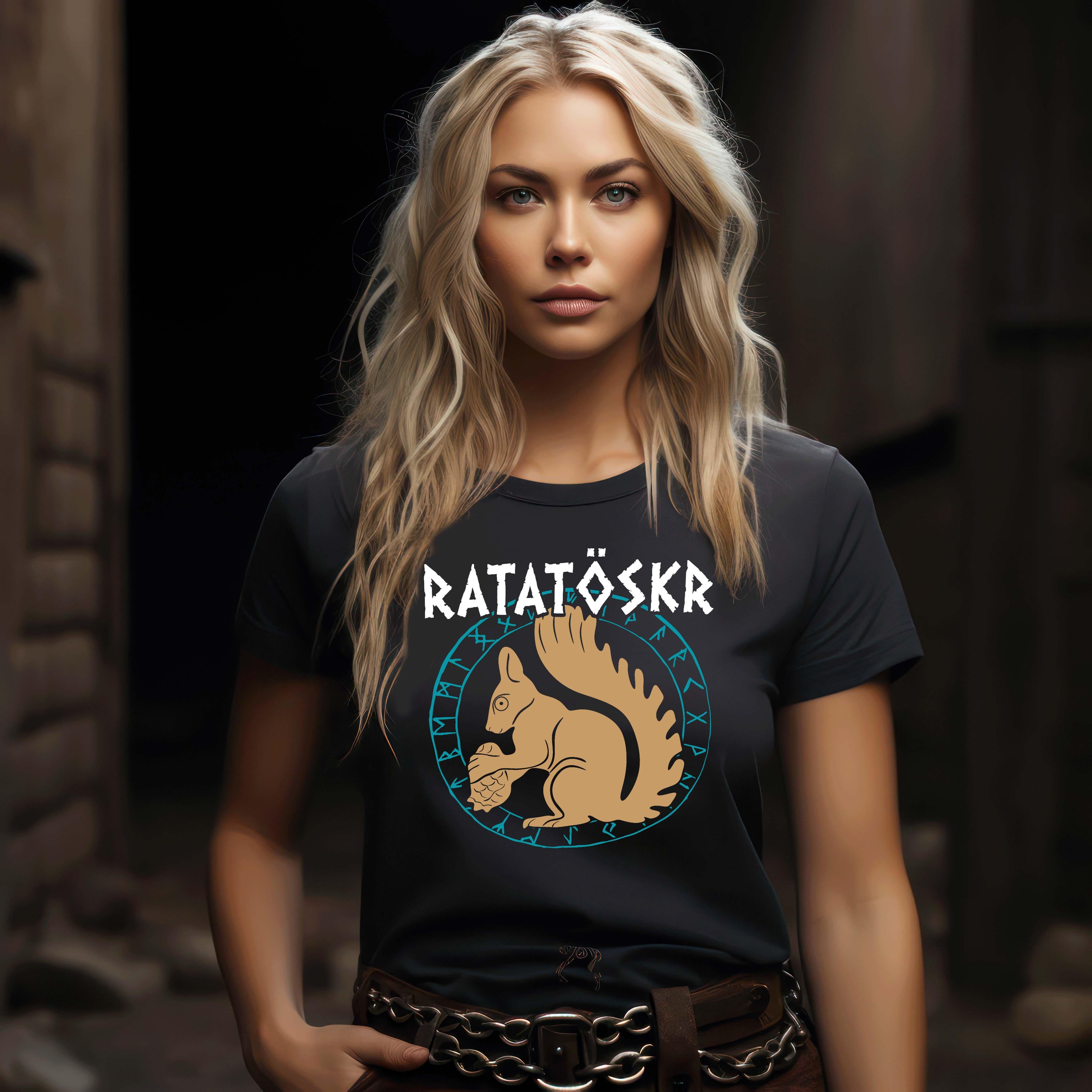 Premium Schildmaiden T-Shirt "RATATÖSKR" – Eichhörnchen-Design mit Runenkreis - Nordic Viking Wear