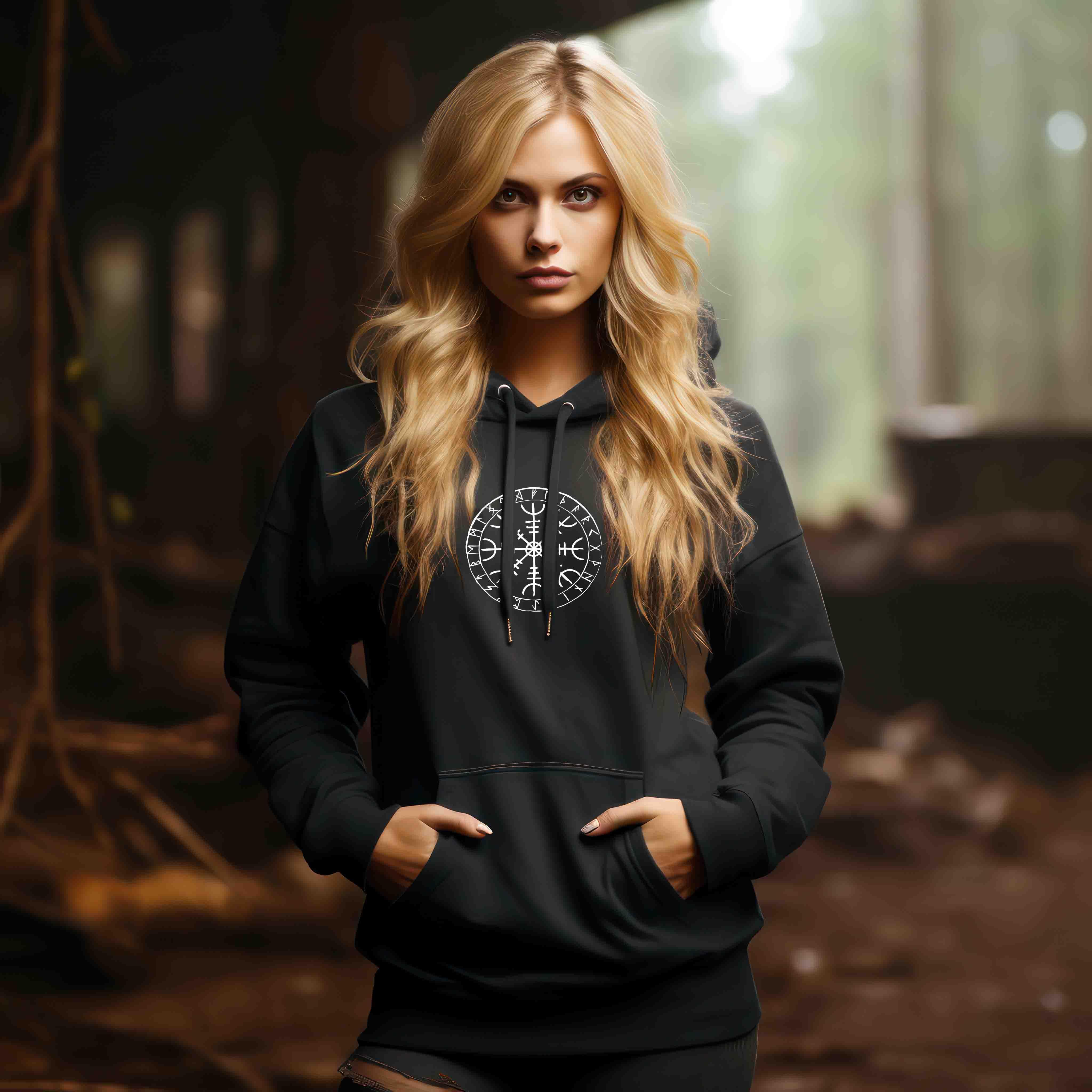 Schildmaiden Hoodie mit Helm Of Awe & Runenkreis | Nordischer Stil | Perfekt für Wikinger-Enthusiasten - Nordic Viking Wear