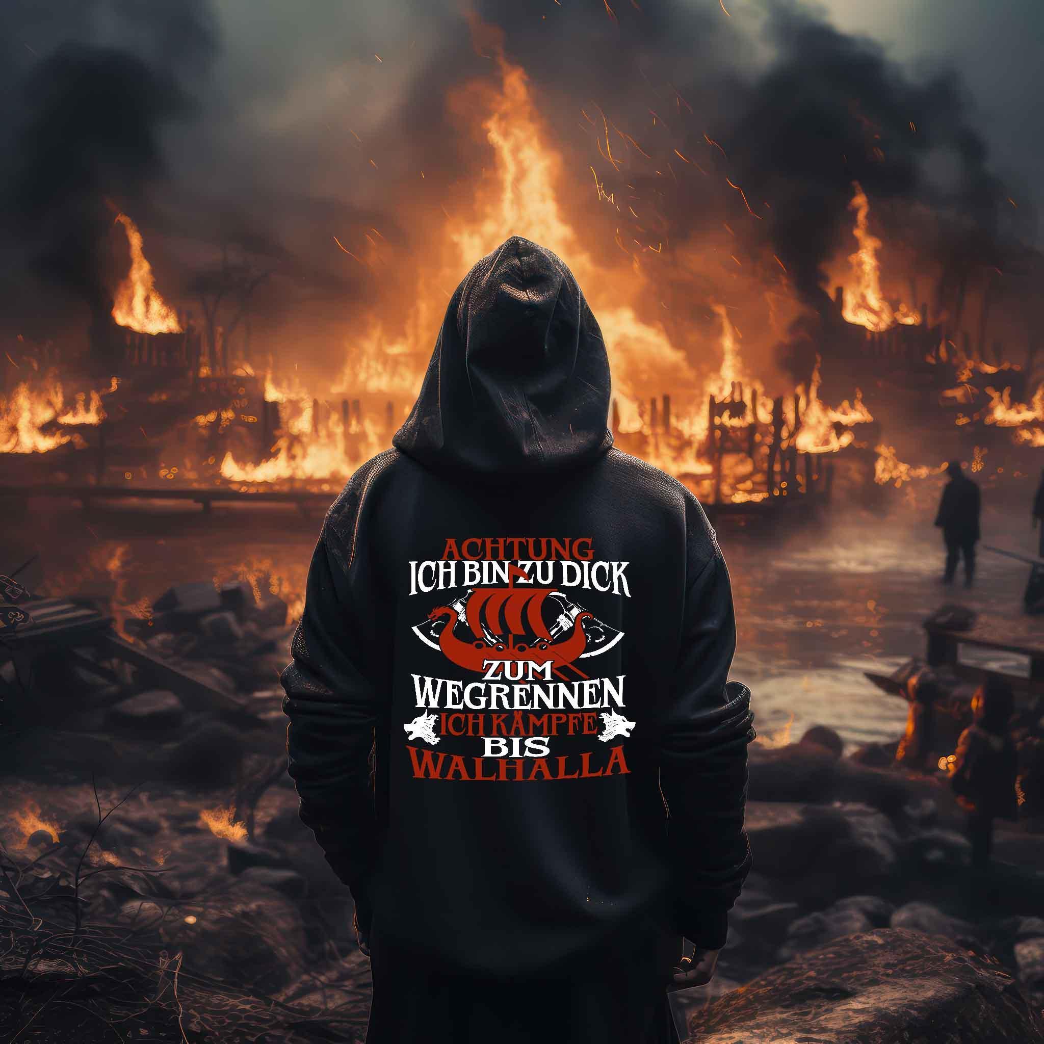 Wikinger-Humor Hoodie – 'Zu Dick Zum Wegrennen, Ich Kämpfe Bis Walhalla' - Nordic Viking Wear