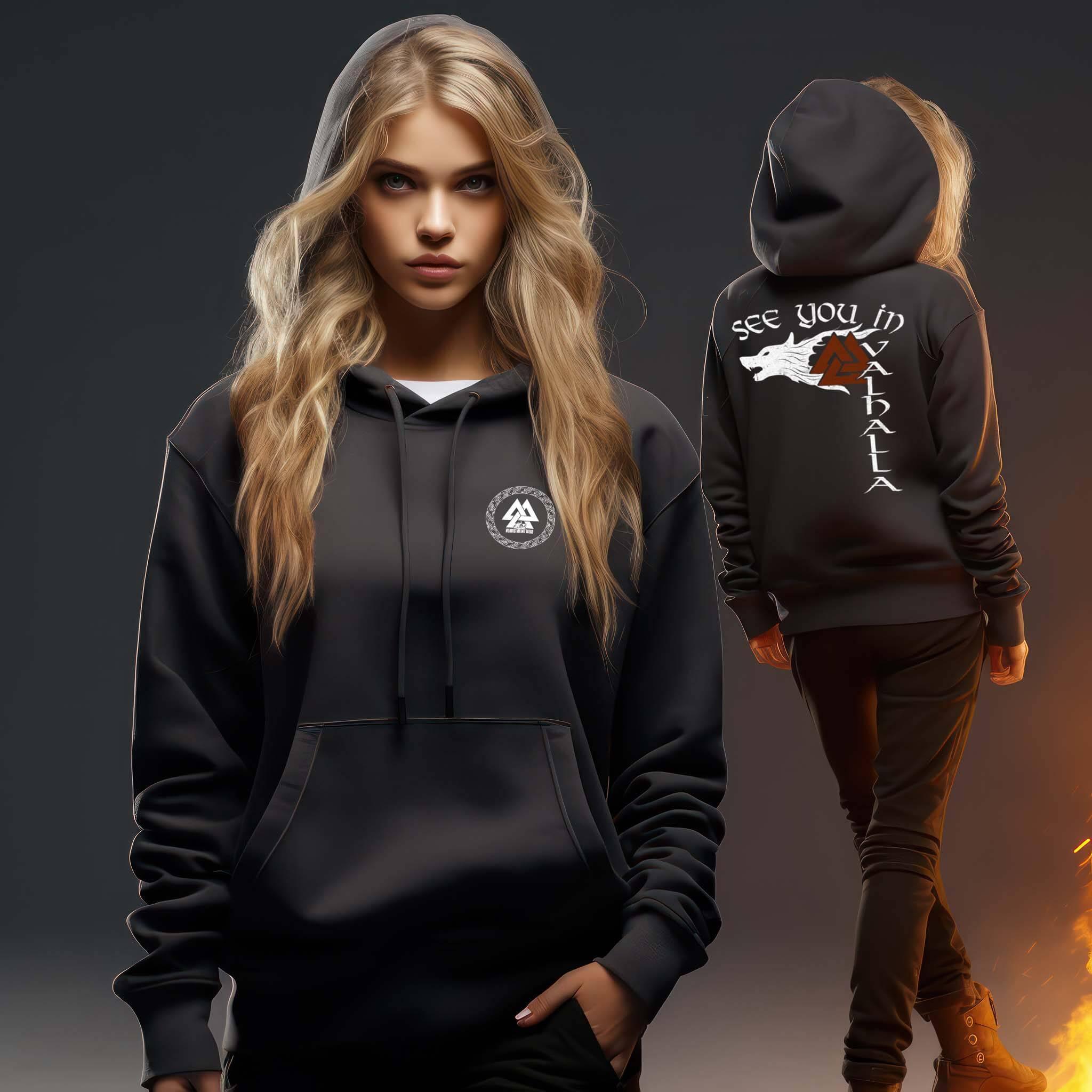 Fenris & Valknut: Das Erbe der Wikinger - Front und Rückendruck Hoodie mit mythischer Kraft - Nordic Viking Wear