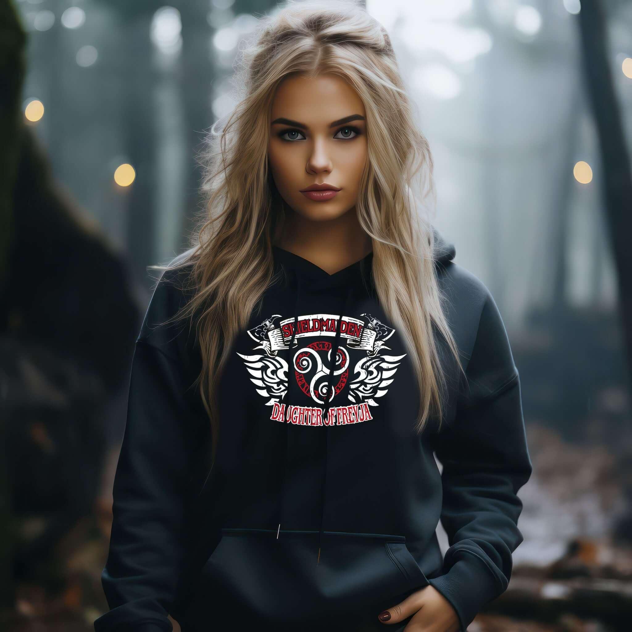 "Shieldmaiden-Stolz: 'Tochter der Freyja' - Wikinger Hoodie für Damen"