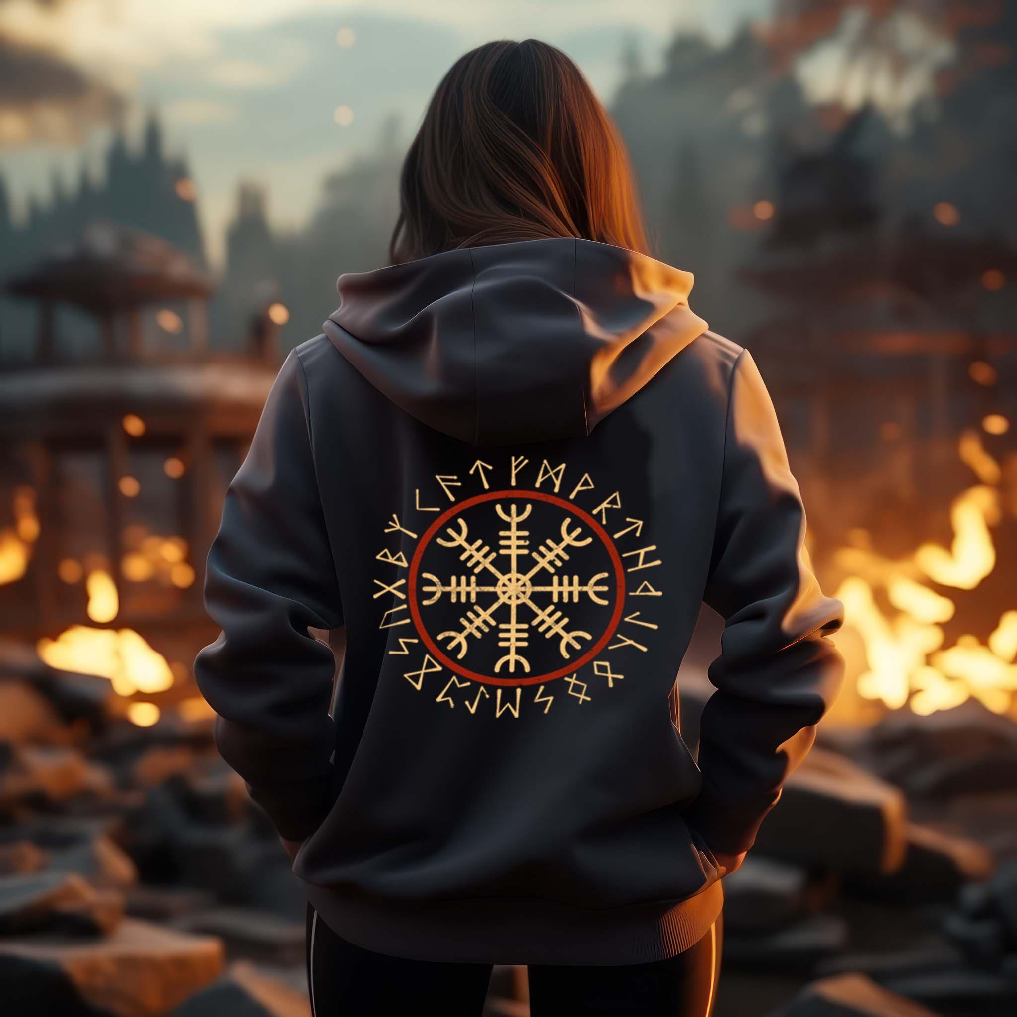 Schildmaiden Hoodie Backprint Helm Of Awe Mit Runenkreis - - Nordic Viking Wear