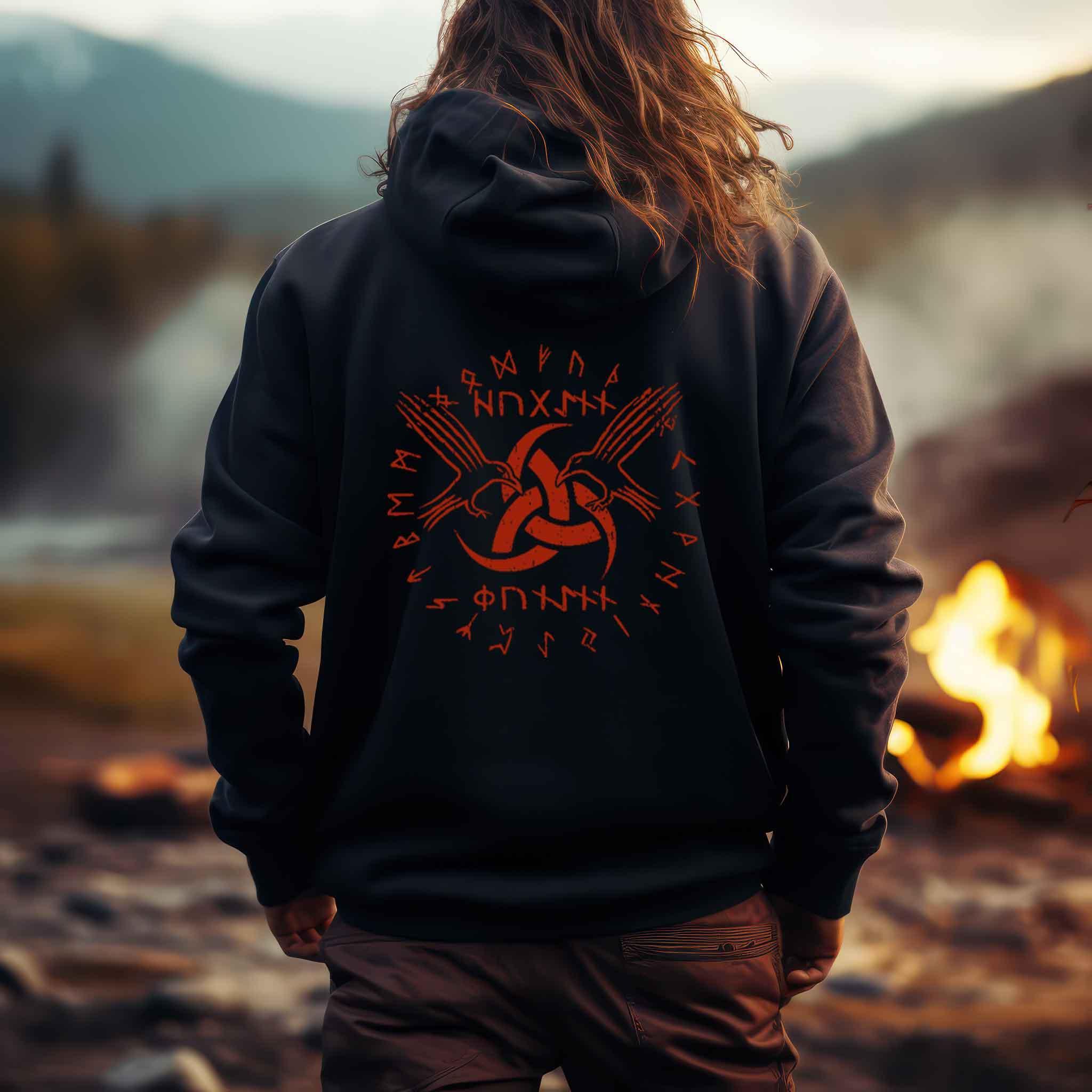 Wikinger/Schildmaiden Organic Zip-Hoodie "Odins Boten" - Huginn und Muninn mit Gjallarhorn - Nordic Viking Wear