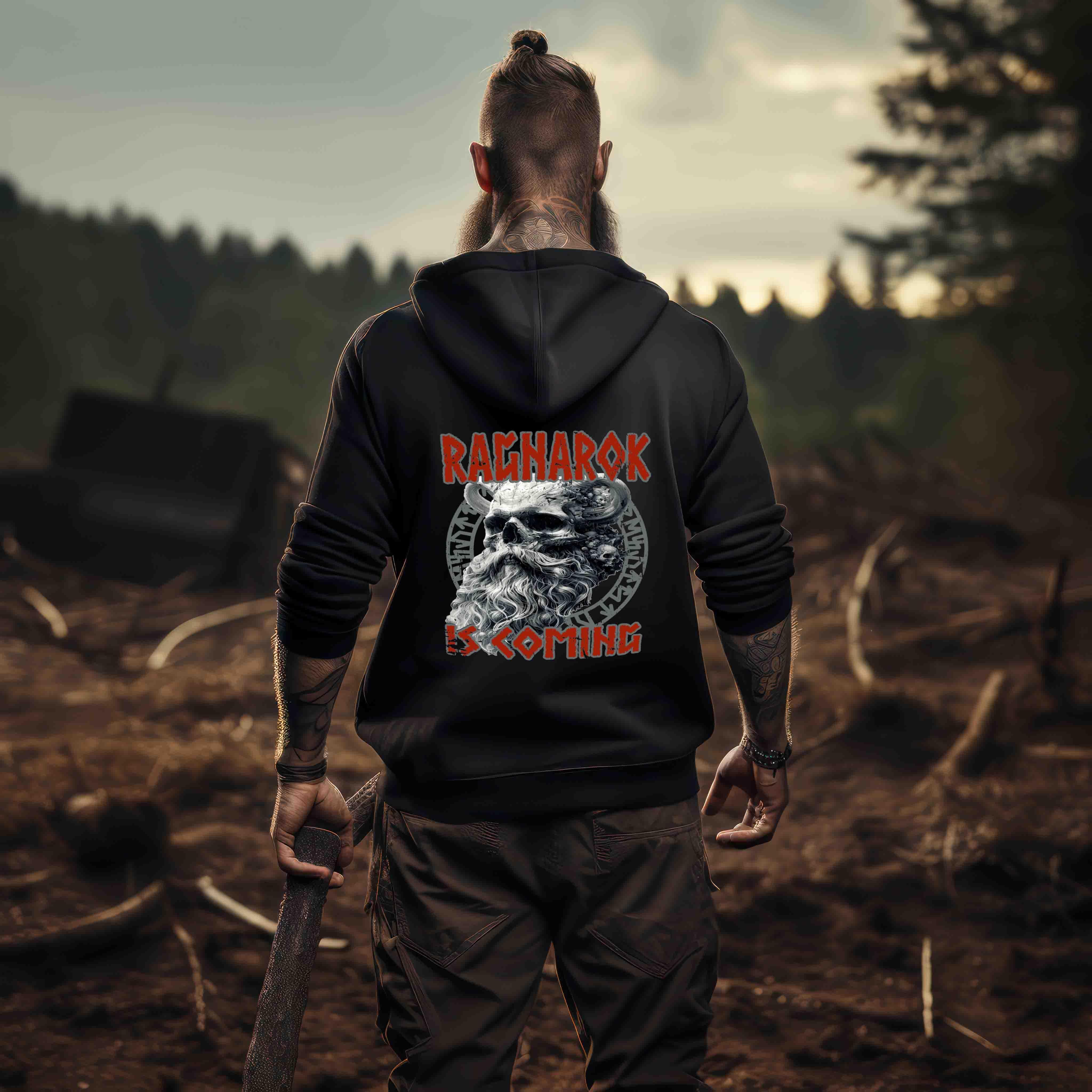 Wikinger-Hoodie "Ragnarok is Coming" – Nordische Mythologie, Krieger-Skull-Design - Nordic Viking Wear