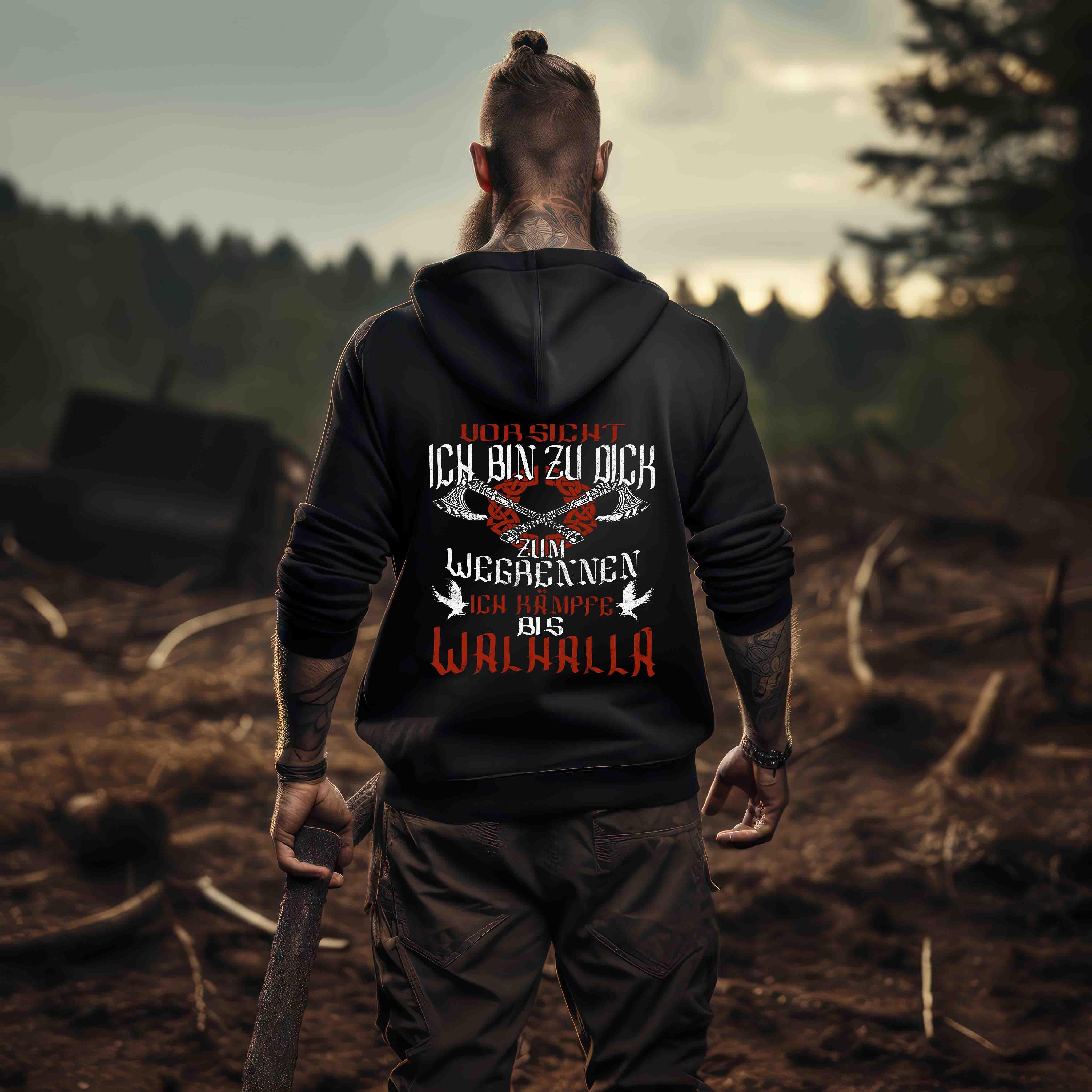 "Lustiges Wikinger-Organic Zipp-Hoodie – 'Ich bin zu dick zum Wegrennen, ich kämpfe bis Walhalla'"